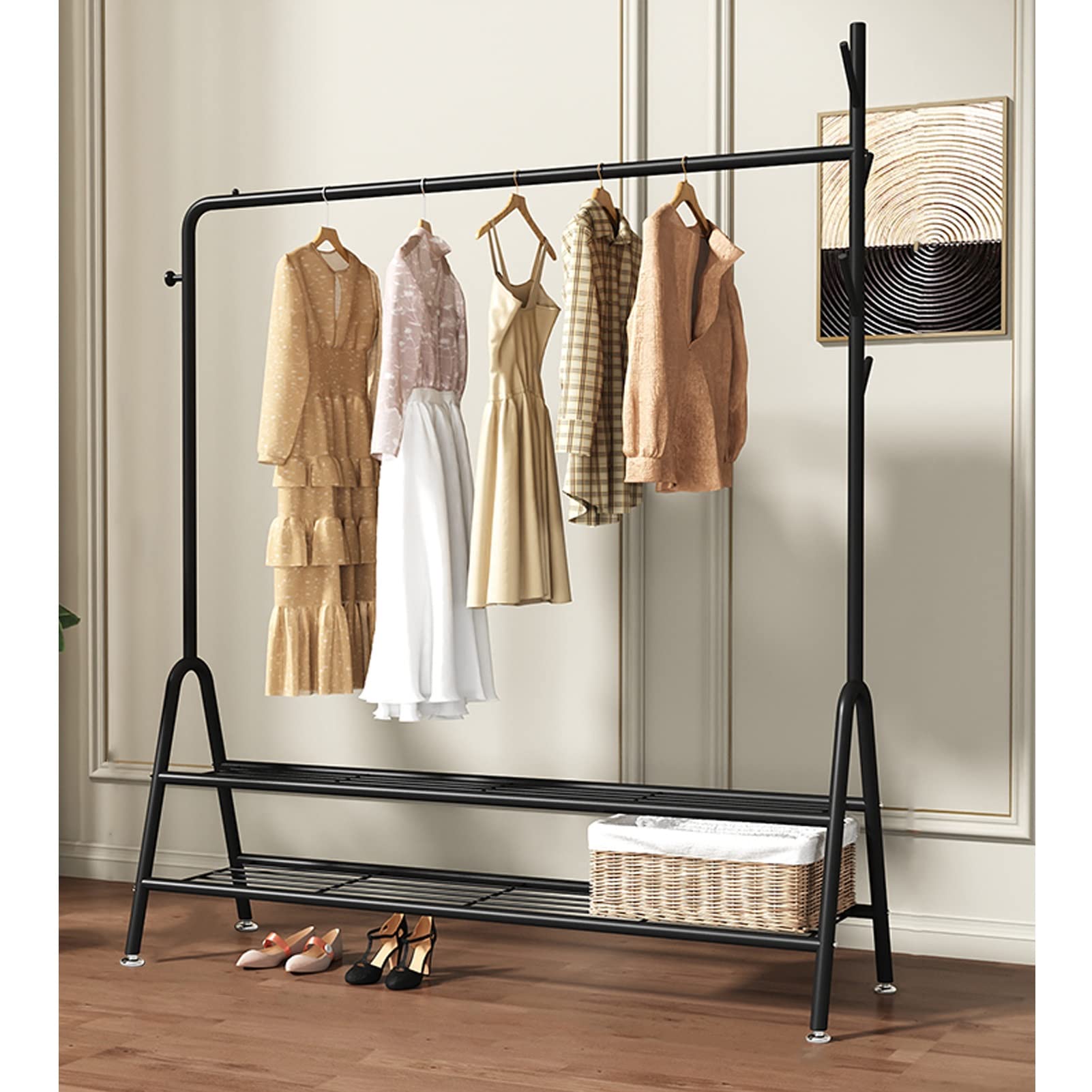 YNBSHGAA Metal Hall Tree with Hoo Multi-functal Coat Rack Freestanding Garment Hanr with 2-Tier Sto Shelves for Bedroom and Entryway nizat,Black-150cm