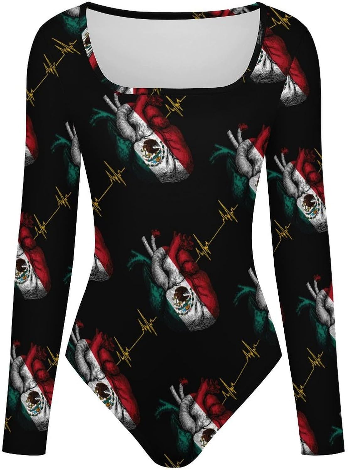 Mexico Flag Heart Women's Bodysuits Long Sleeve Top 5XL