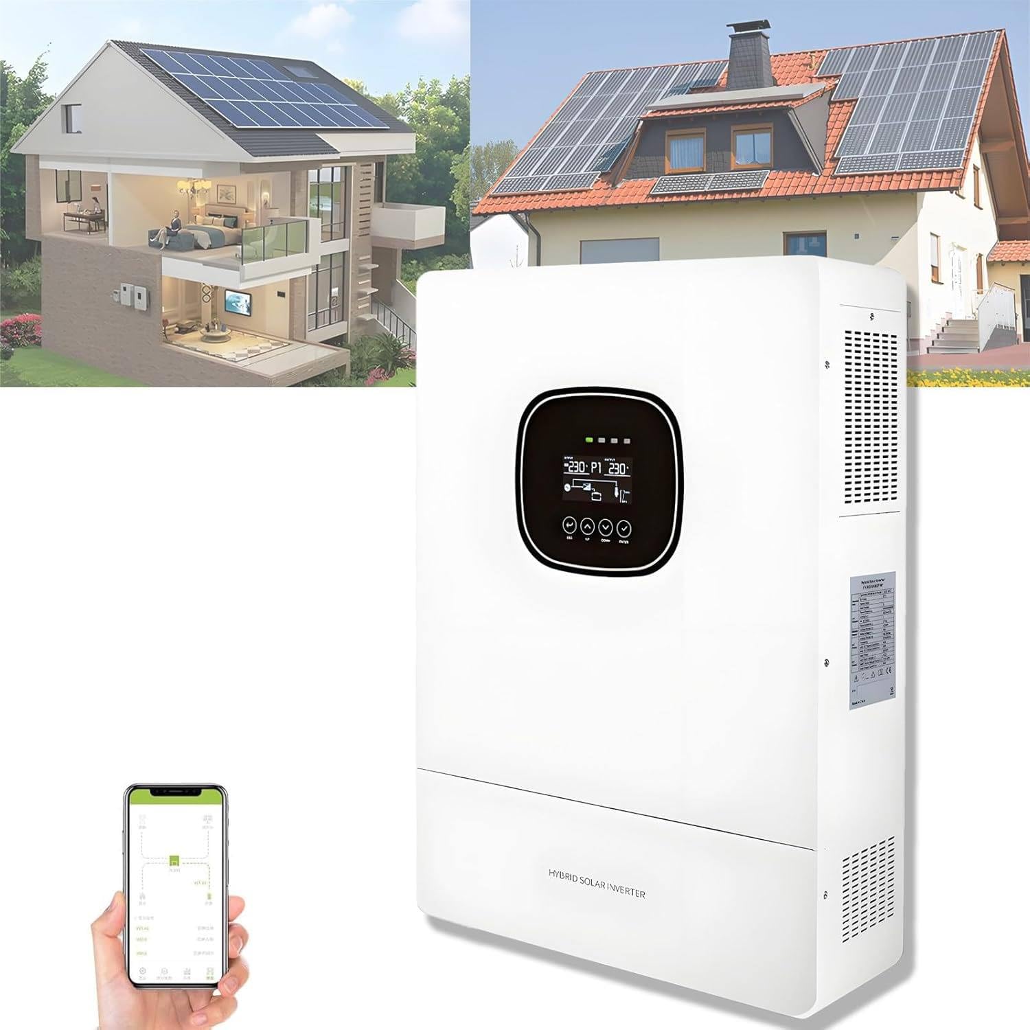 5000W Inversor Híbrido Onda Sinusoidal Pura Híbrido, Inversor Solar Híbrido Para Aplicaciones Dentro Y Fuera Red, BMS Y Comunicación WiFi, Pantalla LCD, Para Hogares, Autocaravanas Sistemas Off-Grid