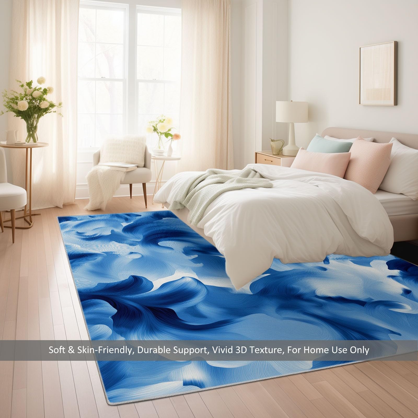 Abstrakcyjny dywan do salonu, kwiatowy wzór, kolorowe klocki, nadaje się do prania, 160 x 230 cm, niebieski, wzór z krótkim włosiem, do sypialni, jadalni, miękki, antypoślizgowy dywan wewnętrzny, do