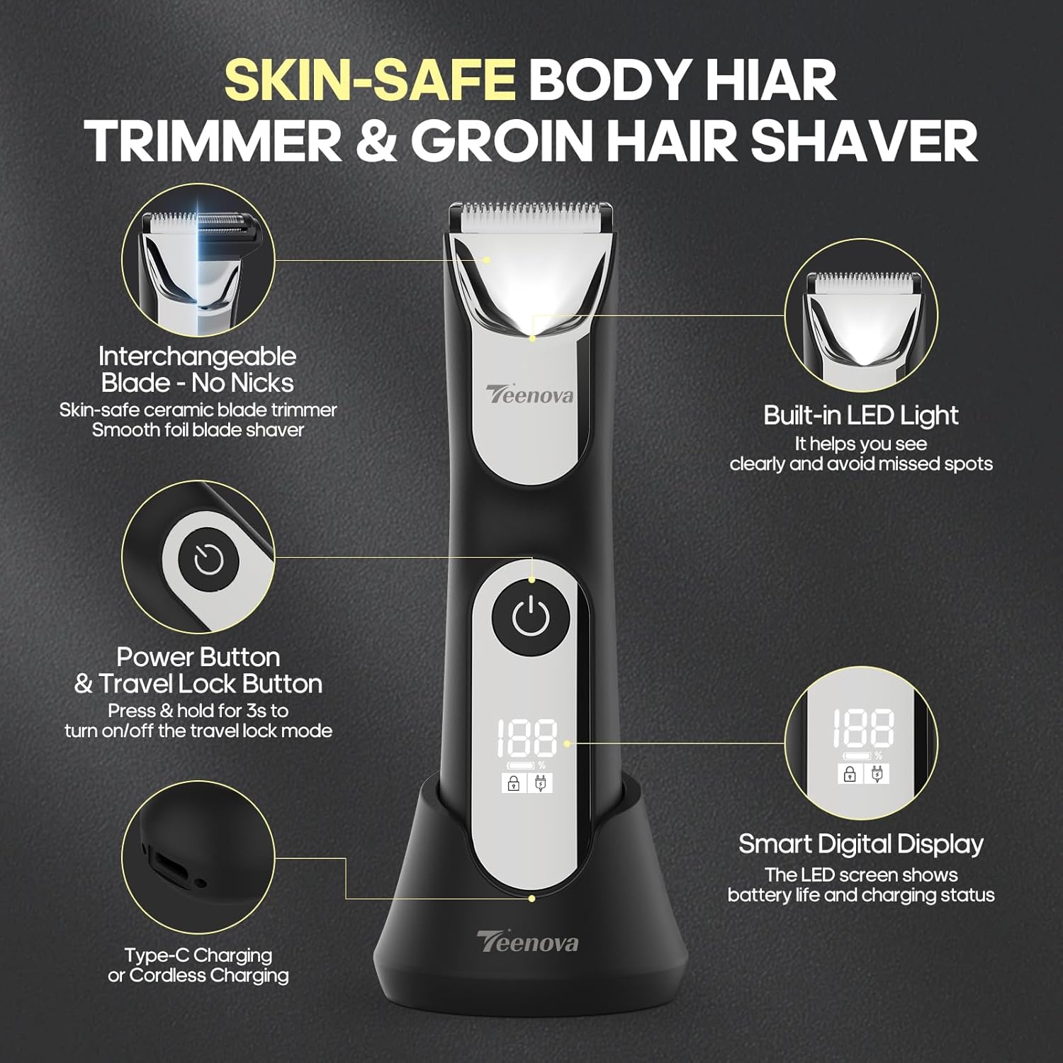 Electric Body Hair Trimmer Shaver - 3 in 1 Pubic Trimmer for Men - Bikini Trimmer for Women - No Nick Groin Ball Razor with Ceramic Blade Heads, Wireless Dock Charging, Wet/Dry Use (Silver)