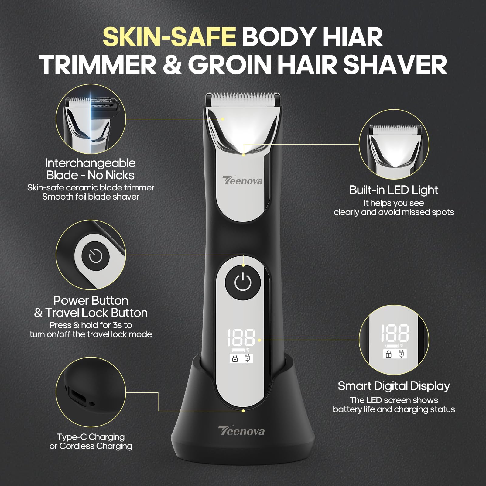 Elektrischer Körperhaartrimmer, Scham-Trimmer für Männer, Bikini-Trimmer für Frauen (Silber)