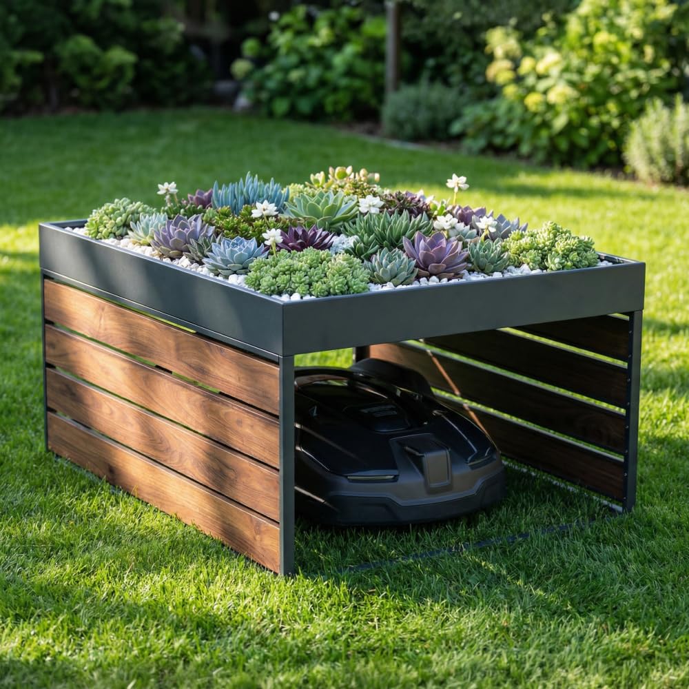CASABEL Cobertizo para Robot cortacésped, Acero galvanizado, con Jardinera | Protección contra la intemperie, Acero galvanizado resistente, Jardinera integrada, Refugio universal, Efecto madera