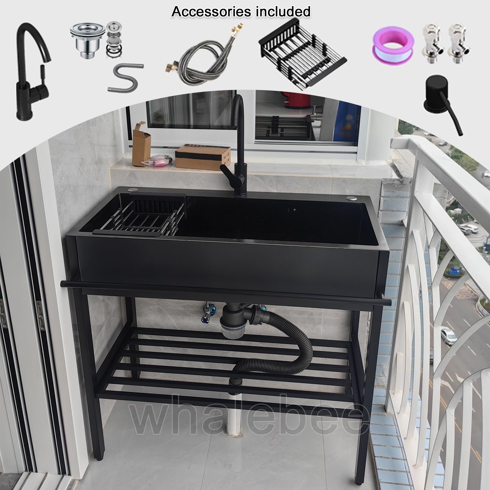 Spüle Freistehendes, Spülbecken Edelstahl Outdoor Waschbecken Garten Länge 55 60 65 68 80 90cm Schwarz Sink Set, Kitchen Sink Mit Handtuchhalter, Warm- Und Kaltwasserhähne