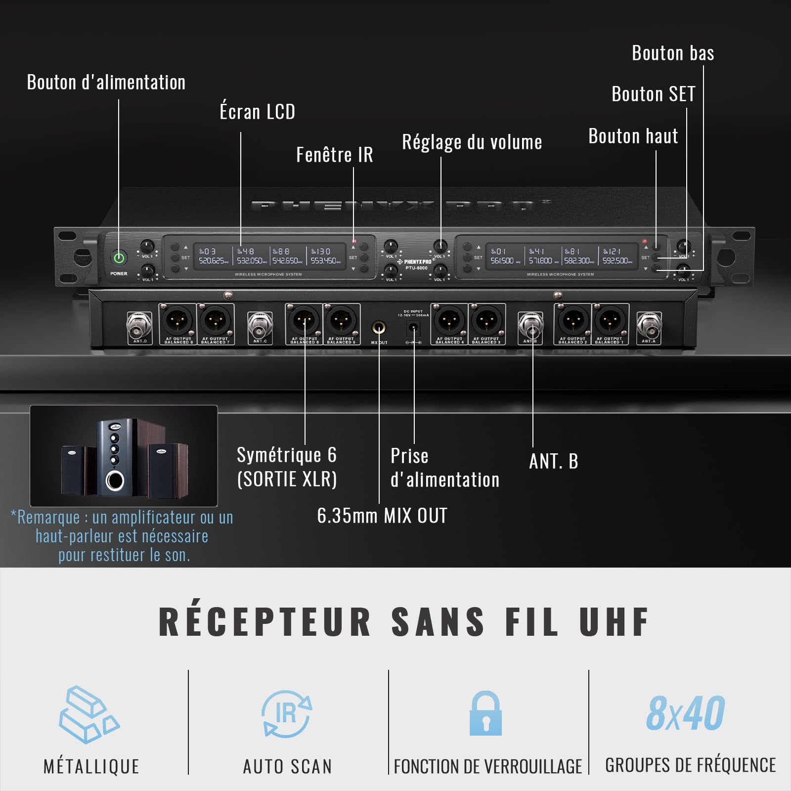 Phenyx Pro Système Micro sans Fil UHF 8 Canaux Auto Scan PTU-6000-8H