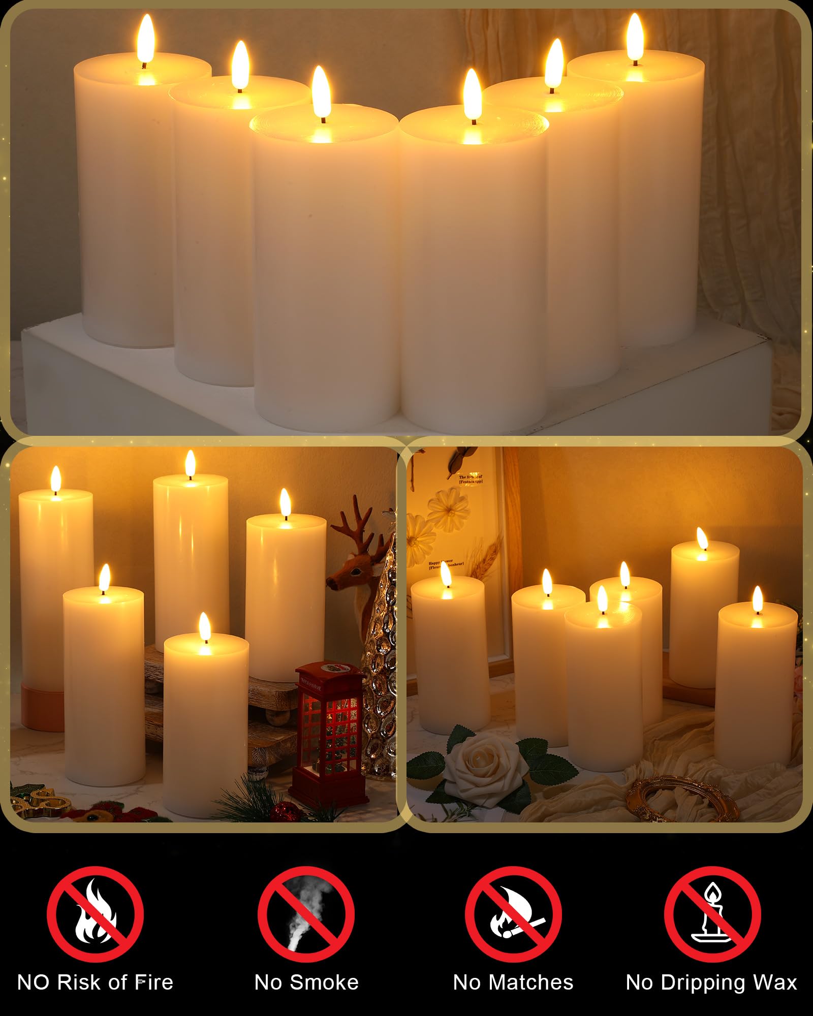 VIHOSE Juego de 6 velas blancas sin llama, velas LED blancas con control remoto y temporizador, velas sin llama de parte superior plana, velas de pilar sin llama, pilares que funcionan con pilas para