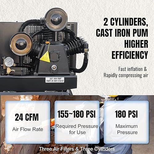 Miniatura 7 de Compresor de Aire de Gas 13HP 24CFM 180PSI - Arranque Eléctrico Alimentado por Gas con Tanque ASME de 30Gal, Bomba de Pistón Industrial