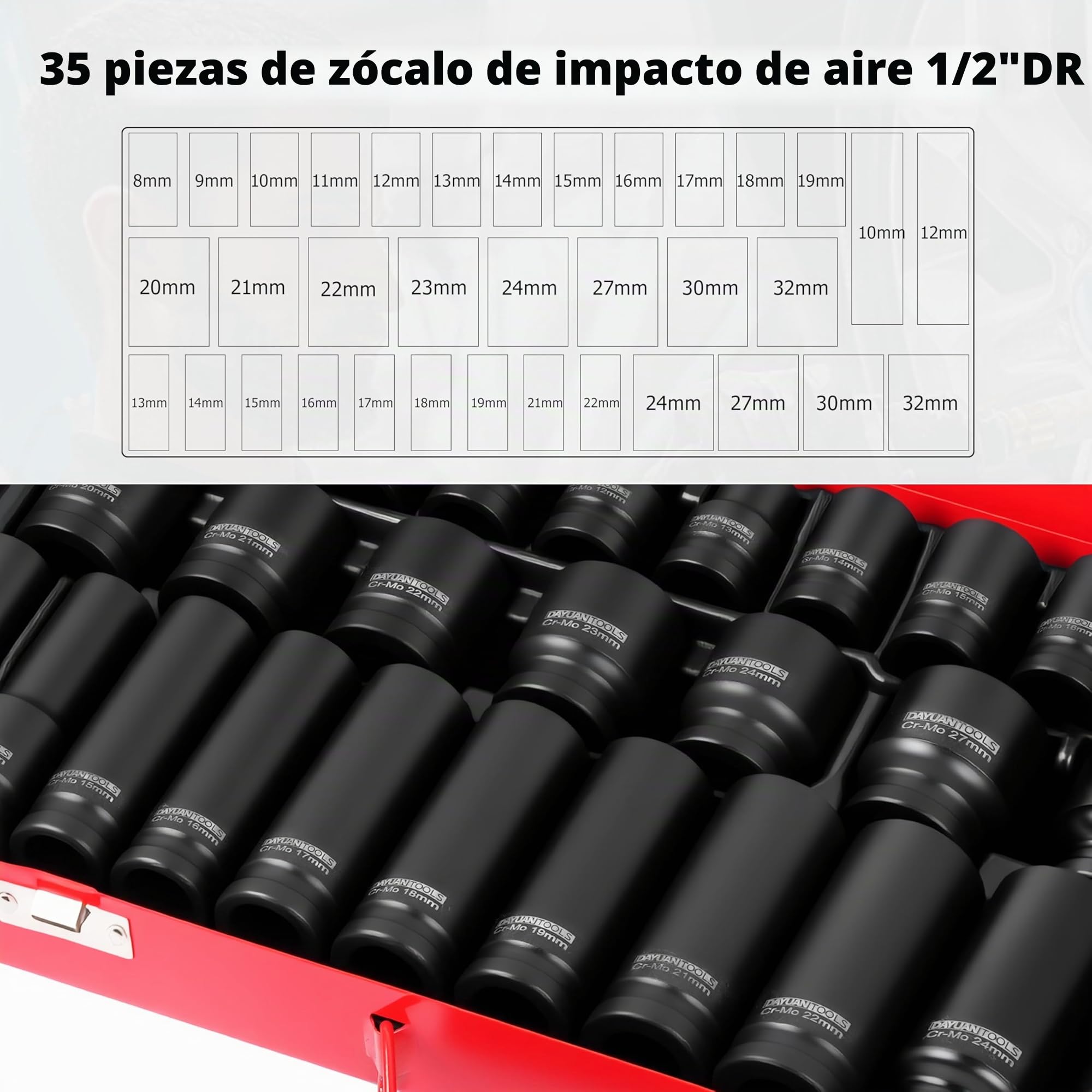 Juego de 35 boquillas de impacto de 1/2" 6 puntos 8-32 mm métricas profundas para coche, garaje