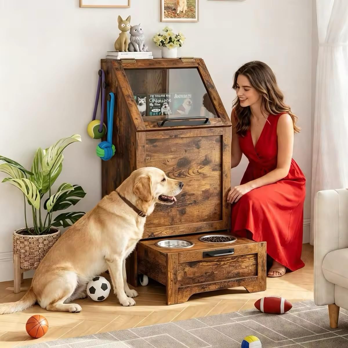 Comedero multifuncional para perros con armario de almacenamiento, cuencos elevados de acero inoxidable y ganchos para accesorios – Comedero de madera para perros y gatos para cocina o comedor