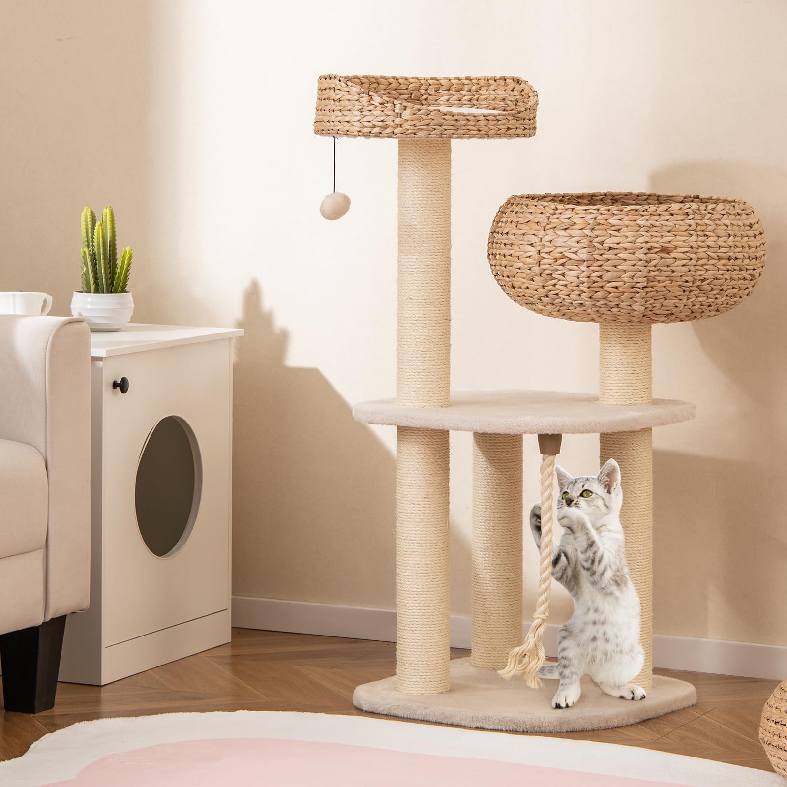 COSTWAY 104 cm Árbol Rascador para Gatos de Interior con Posaderos, Cama, Cesta Hechas a Mano, Juguete Colgando y Cuerda, Palos Rascadores de Sisal, Torre Rascador para Gatos, Casitillo Gato (Beige)