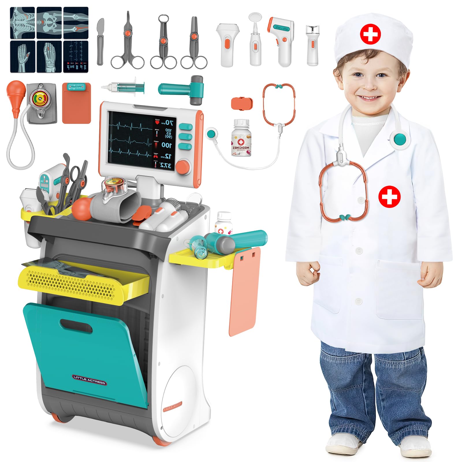 deAO Doctors Trolley Set for Kids, Pretend Play Doctor Set with Stethoscope and Medical Toy Accessories, Children Doctor Role Play Toys for 3+ Years Old Boys and Girls (Blue)