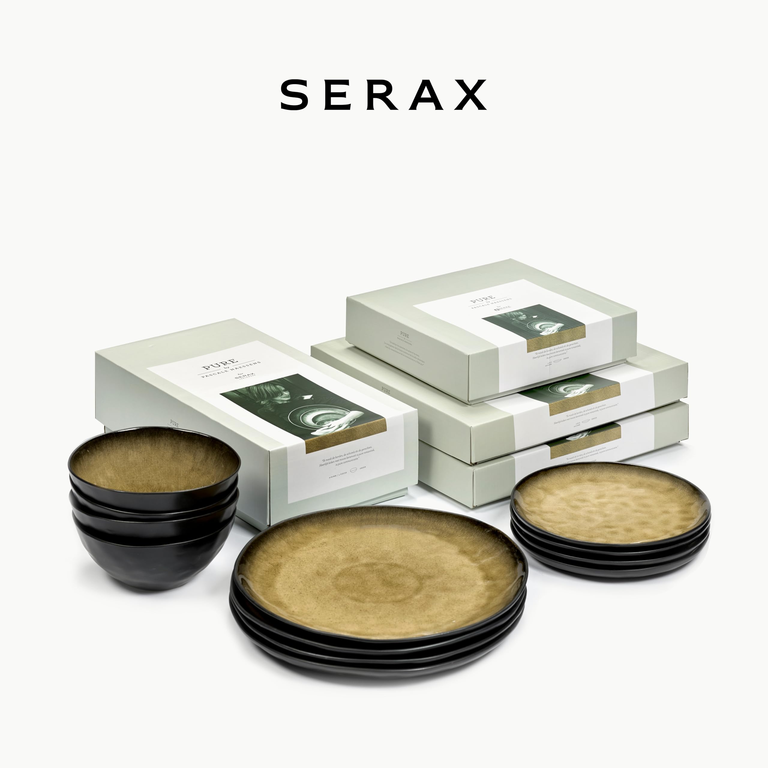 Serax Green Pure 12-częściowy zestaw obiadowy | 4 talerze w rozmiarze M, 4 talerze w rozmiarze S, 4 miski w rozmiarze L, zestaw ceramiczny Pascale Naessens, elegancka i naturalna zastawa stołowa