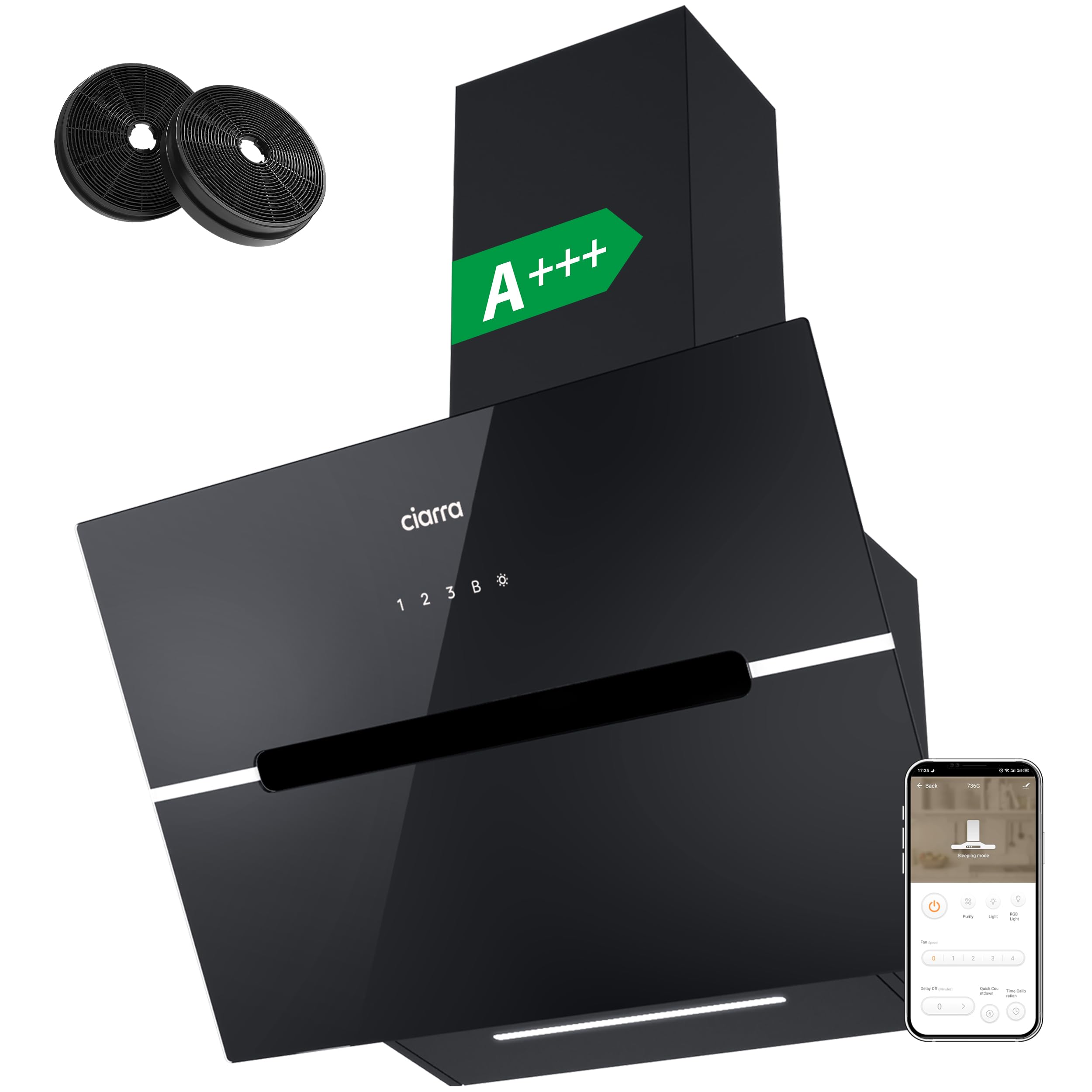 CIARRA CBCB6736F Campana Extractora 60cm CLase A+++ Wi-Fi App Touch-Booster Evacuación al Exterior y Recirculación Interna por Filtro de Carbón CBCF003