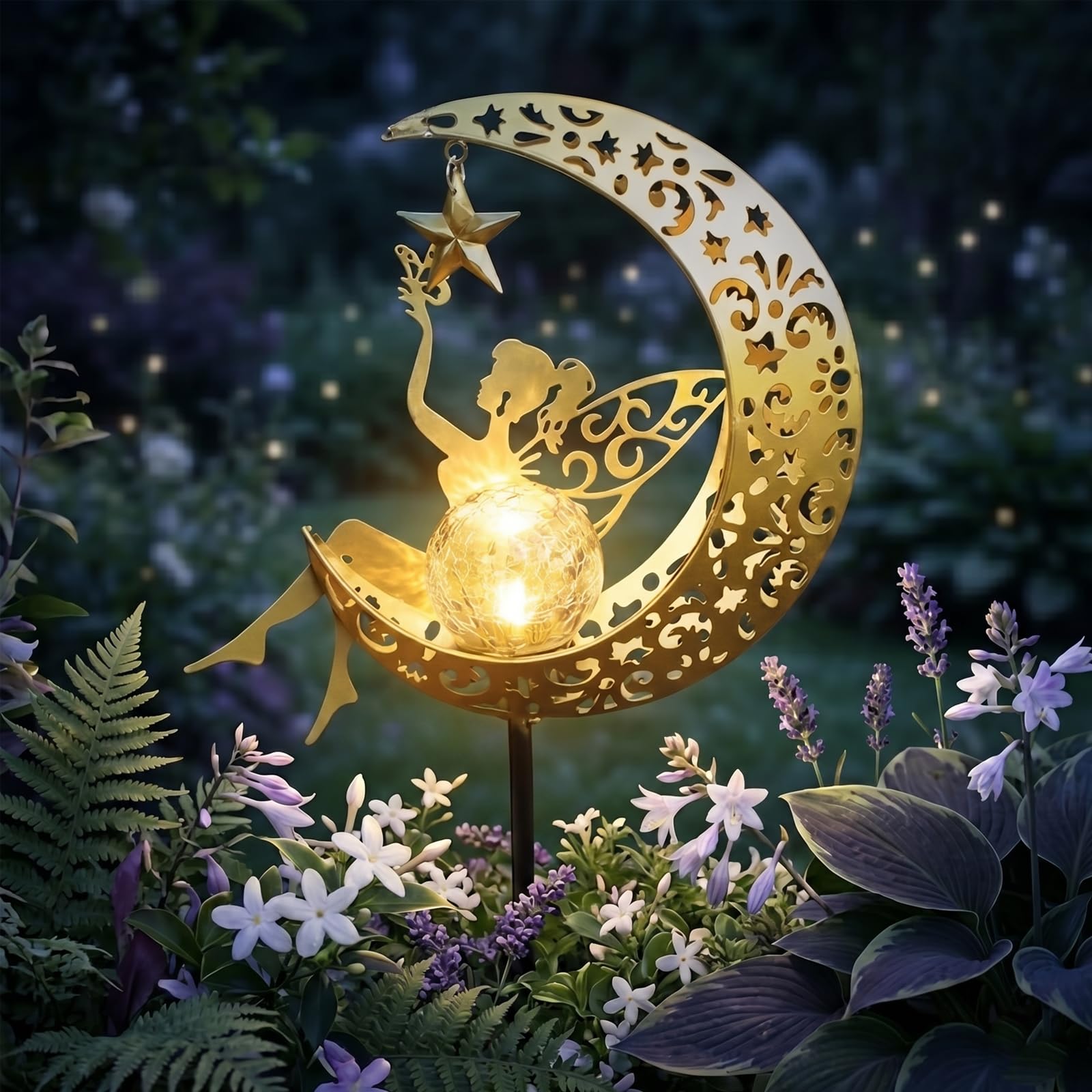 GTYZZH Solar Lights Outdoor Garden, Solar Moon Fairy Lights with Crackle Glass Globe, Garden Ornaments Lights Solar Powered Waterproof for Patio, Yard, Pathway & Lawn, Unique Gardening Gifts for Women
