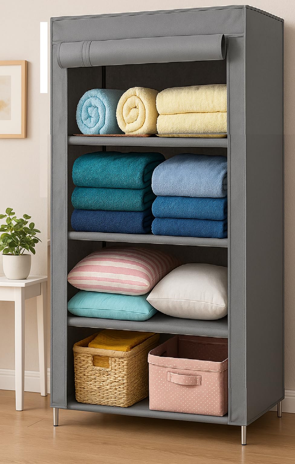 OBBO 4-Layer Single Rack Wardrobe | Portable Foldable Fabric Closet with Steel Frame & Protective Cover | Compact Storage Organizer for Clothes, Toys, Books & Accessories