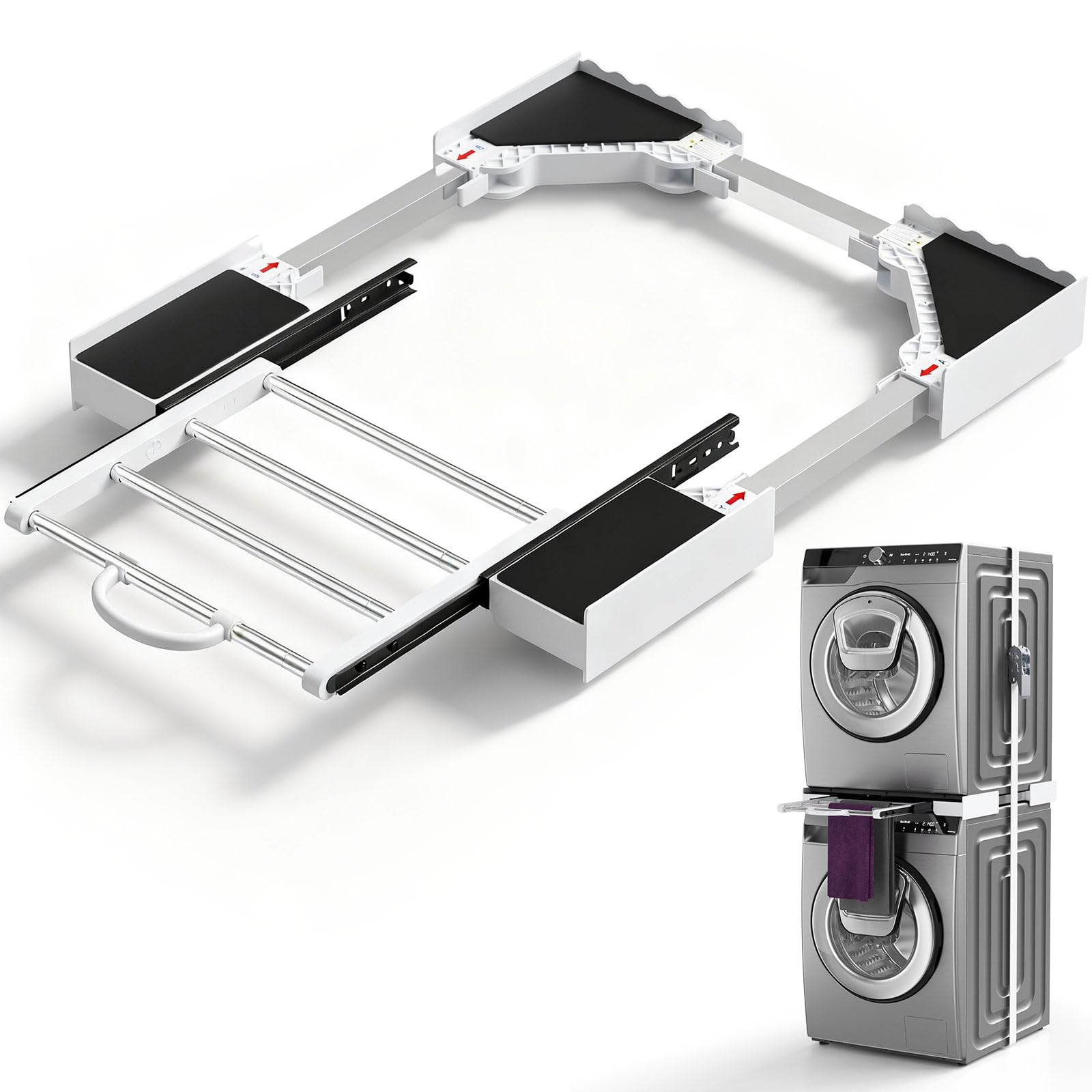 Kit universal de unión para lavadora y secadora con estante deslizante, kit universal de estanterías apiladas con trinquete y marco intermedio ajustable para lavadoras de 46-72 cm