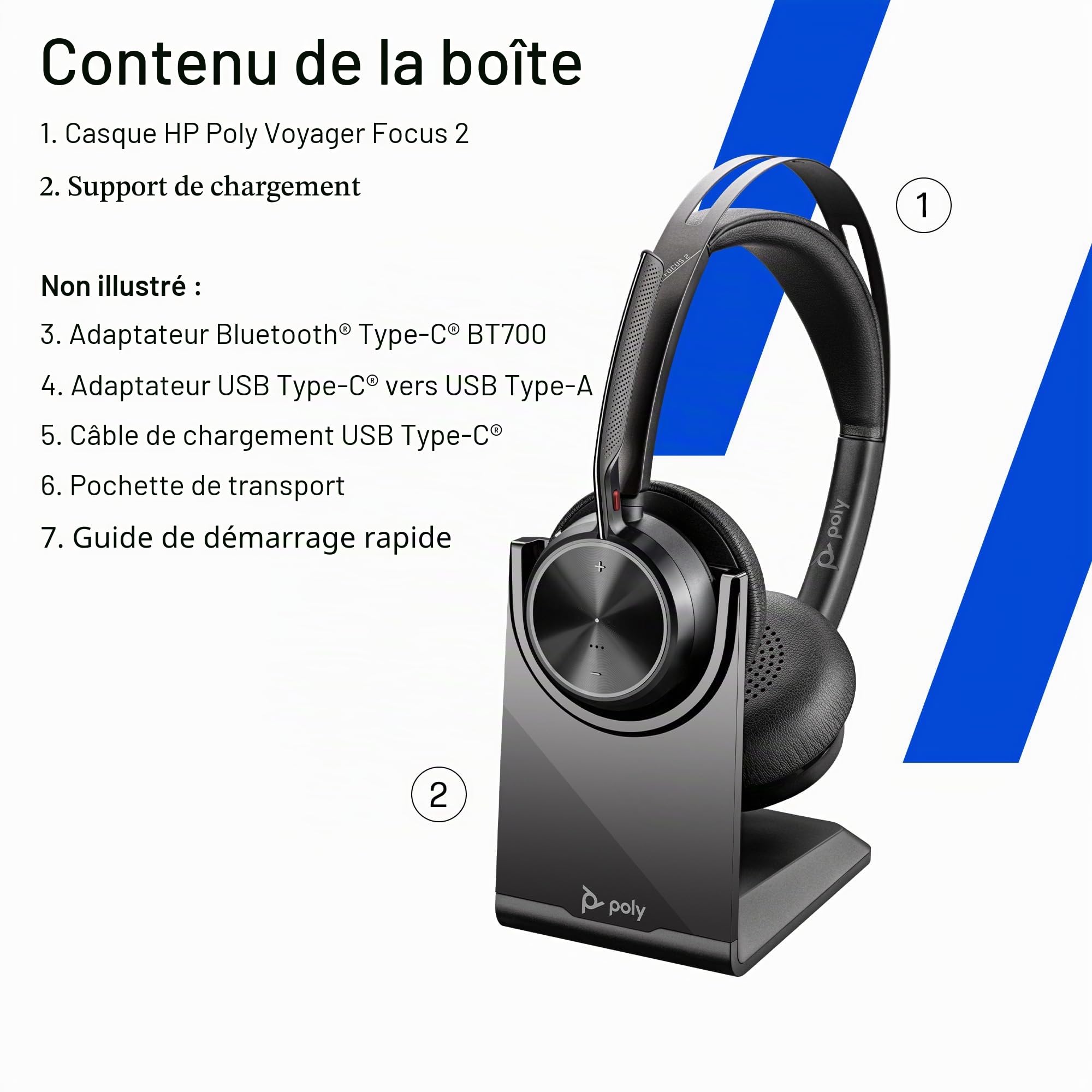 Poly Voyager Focus 2 USB-C-C Headset USB-C/A Adapter Charging Stand Customer Special 1- Active Noise Canceling (ANC) - Connect PC/Mac/Mobile Via Bluetooth - Black
