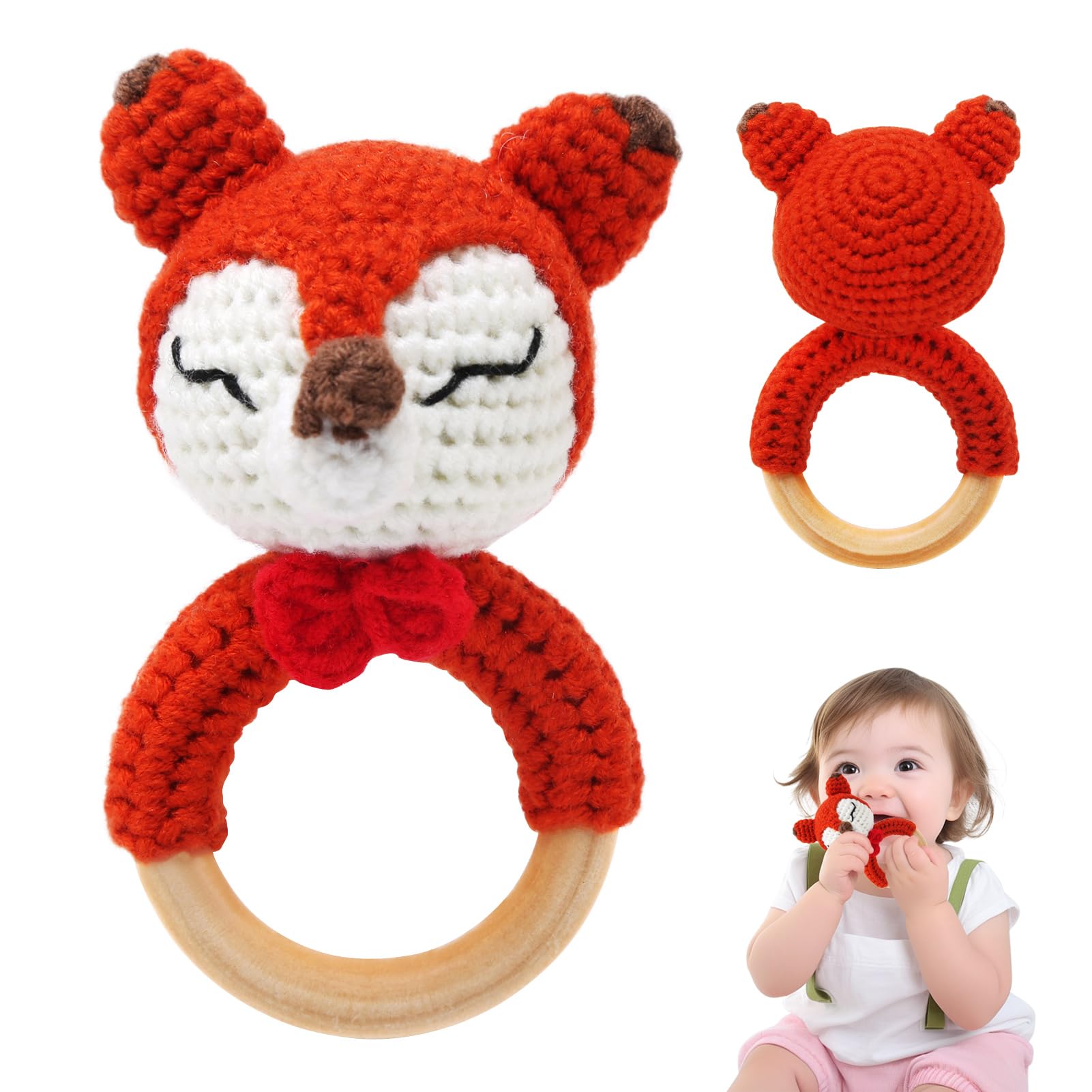 TonStyle Personalisierter Beißring Baby, Babyrassel Gehäkelte Giraffe Holz Häkeln, Niedlicher Greifling für Baby's ab 0 Monate (Fox)