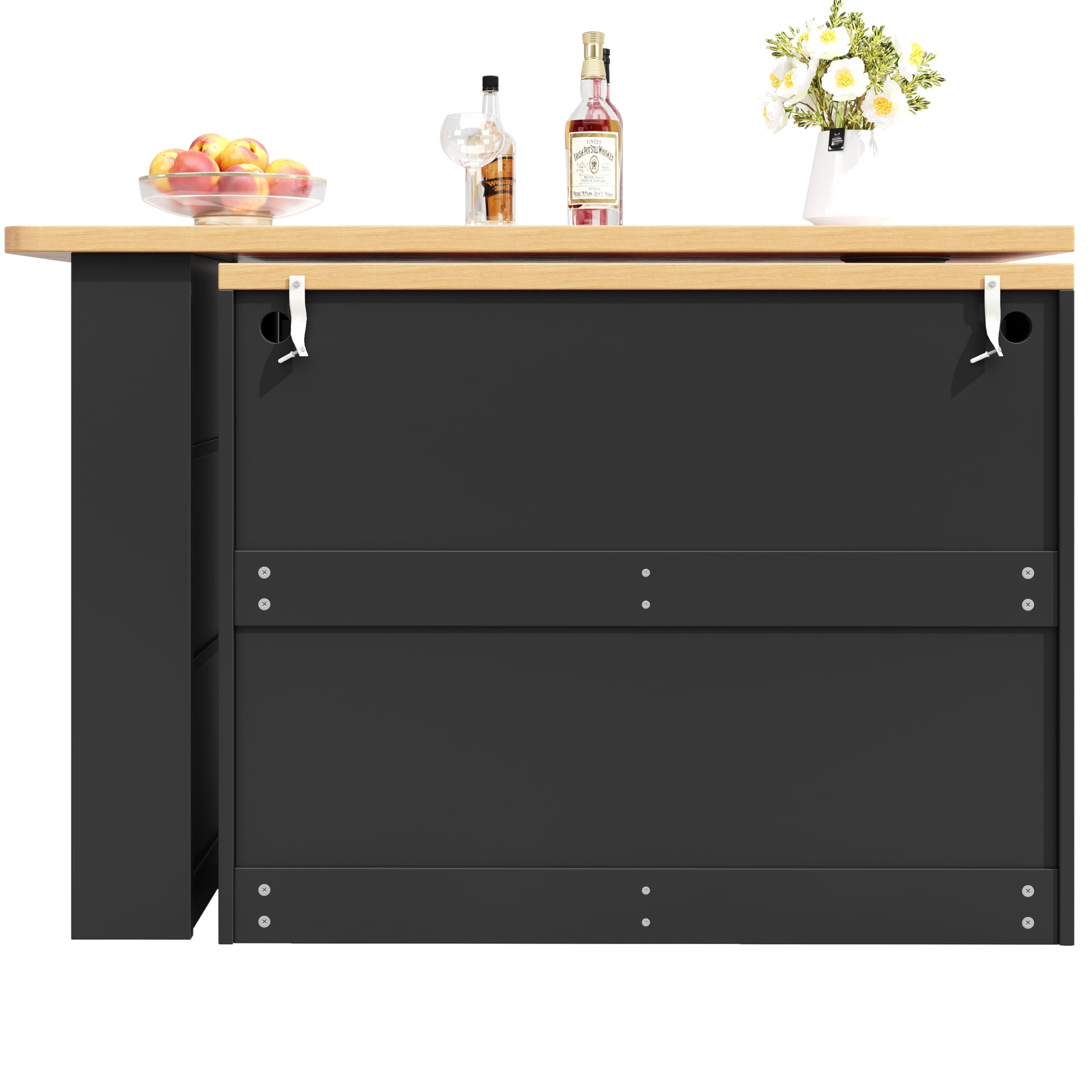 Mesa de bar extensible 135-203 x 39 x 92,8 cm con espacio de almacenamiento, giratoria 360°, comestible, adecuada para dormitorio, salón, comedor, mesa de bar telescópica con LED, mesa alta