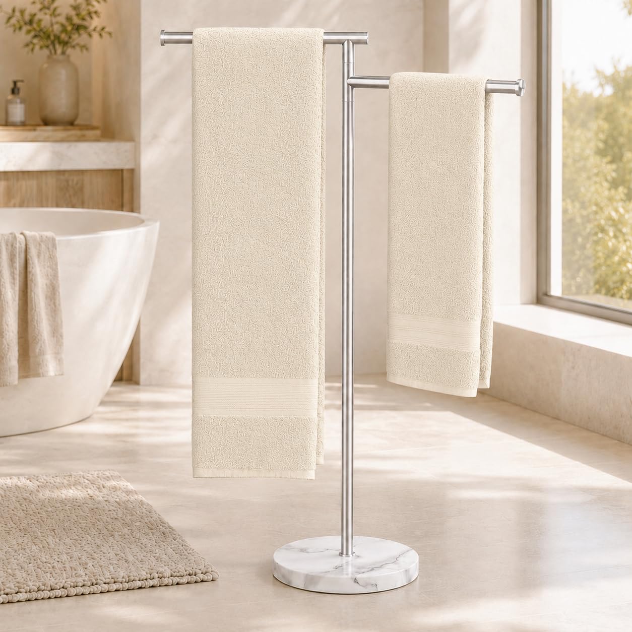 KES Free Standing Towel Rail Bathroom Towel Holder, Towel Rack with 2 Swivel Arms and Weighted Marble Base, SUS304 Stainless Steel Brushed Finish, BTH219S2-2