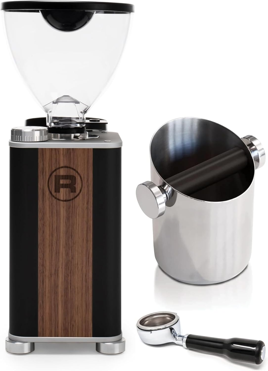 Rocket Espresso Giannino Espresso Grinder (Black/Wood) Bundle w/Knockbox + 58mm Bottomless Portafilter