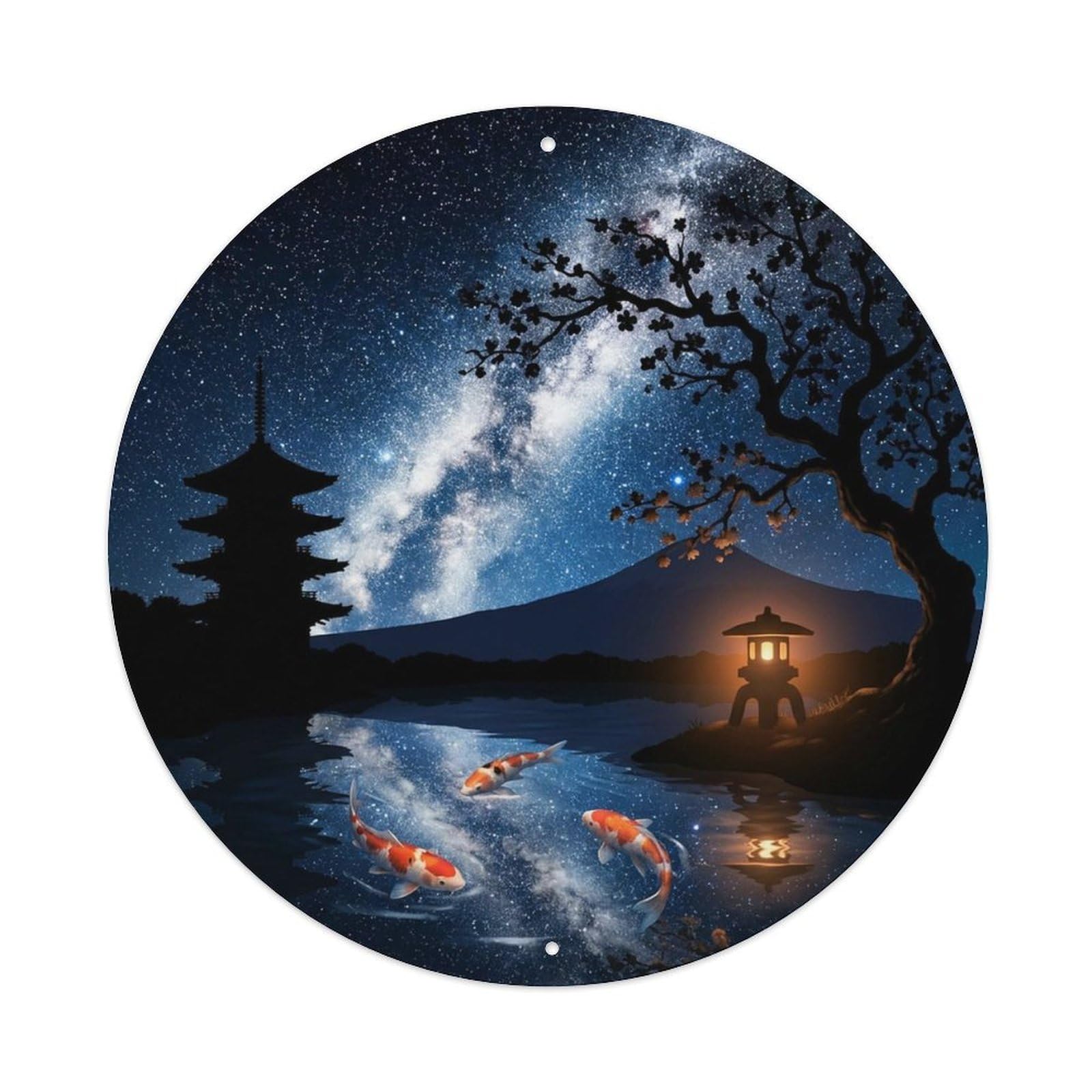 Olyhtr 8X8inch Classic Style Water Reflection Koi Garden Pond Starlight Japanese Metal Tin Sign