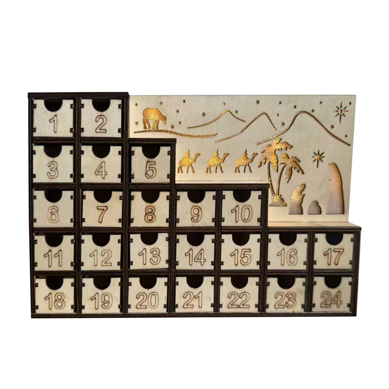 Weihnachtskrippen-Adventskalender aus Holz mit integrierten LED-Lichtern, Urlaubs-Countdown-Ornament & Wohnkultur aus Holz Weihnachten beleuchteter Adventskalender