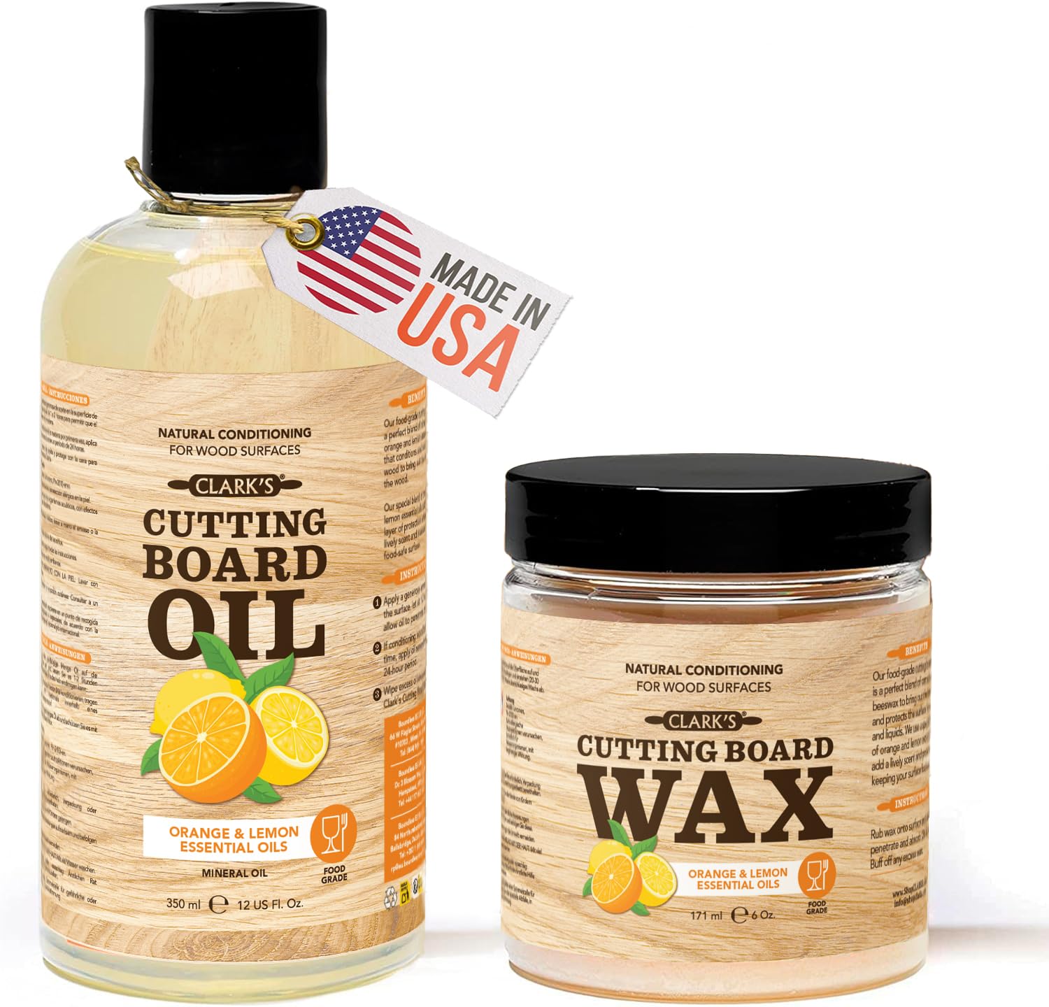 CLARK'S Food Grade Mineral Oil (12oz) and Carnauba Wax (6oz) Set - 100% Natural Butcher Block Oil and Cutting Board Wax - Food Safe Beeswax and Wood Cutting Board Oil with Orange & Lemon Extract