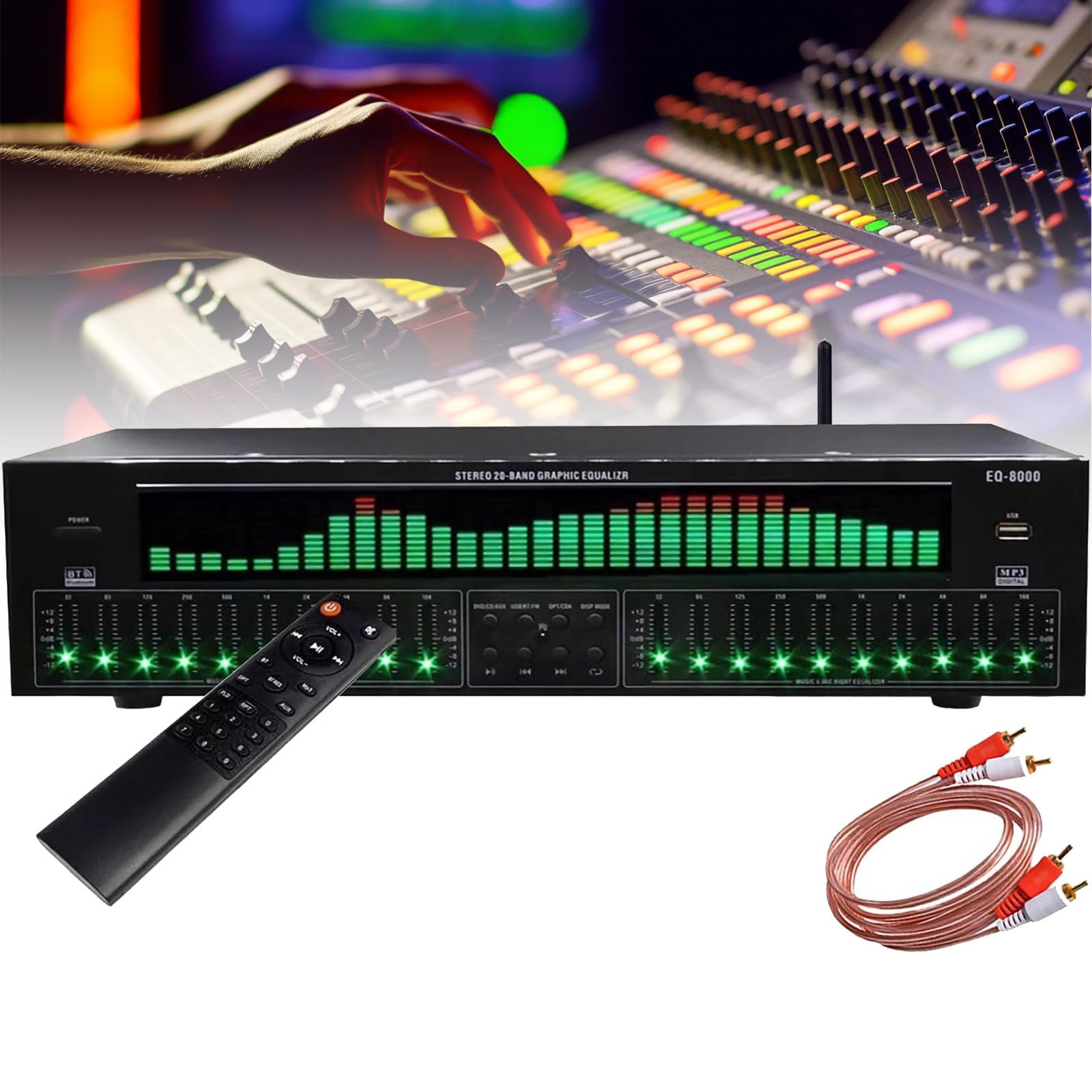 Stereo-Grafik-Equalizer, EQ8000, professioneller digitaler 31-Band-Crossover-Equalizer, mit Fernbedienung und Audiokabel, 12 Rhythmusmuster,für Aufnahmestudios