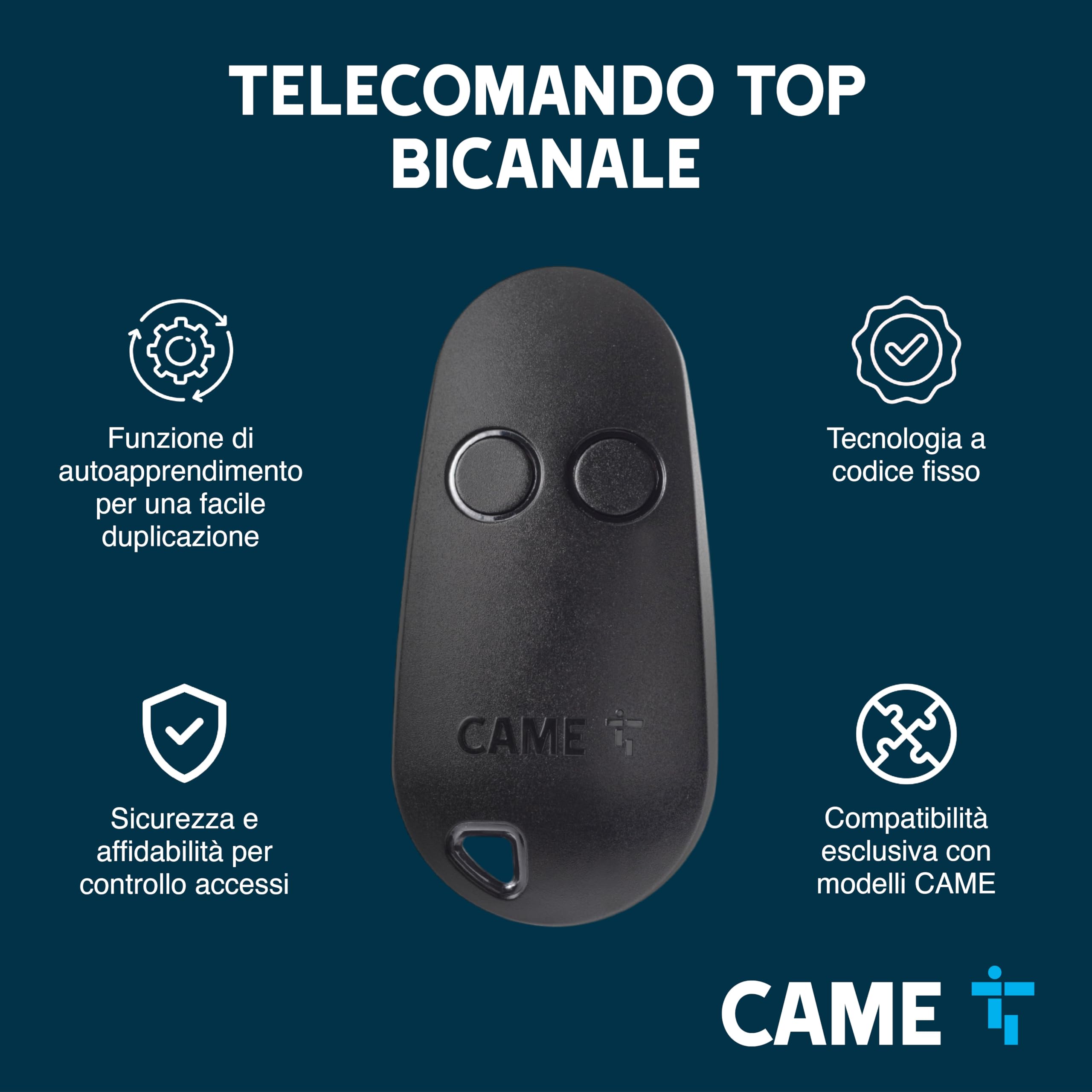 CAME Telecomando TOP bicanale nero a codice fisso multiutenza con funzione di autoapprendimento per una facile configurazione frequenza di 433,92 MHz compatibile esclusivamente con modelli CAME