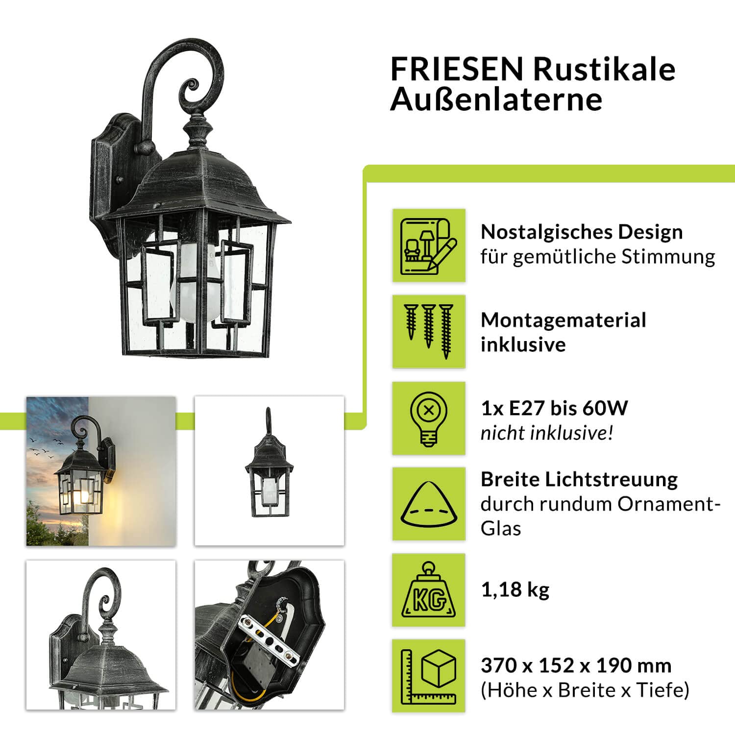 Licht-Erlebnisse Rustikale Außenleuchte Laterne in Silber Antik H: 37 cm Aluminium Glas E27 Garten Wandlampe Eingang Beleuchtung Außen Hofleuchte Wand
