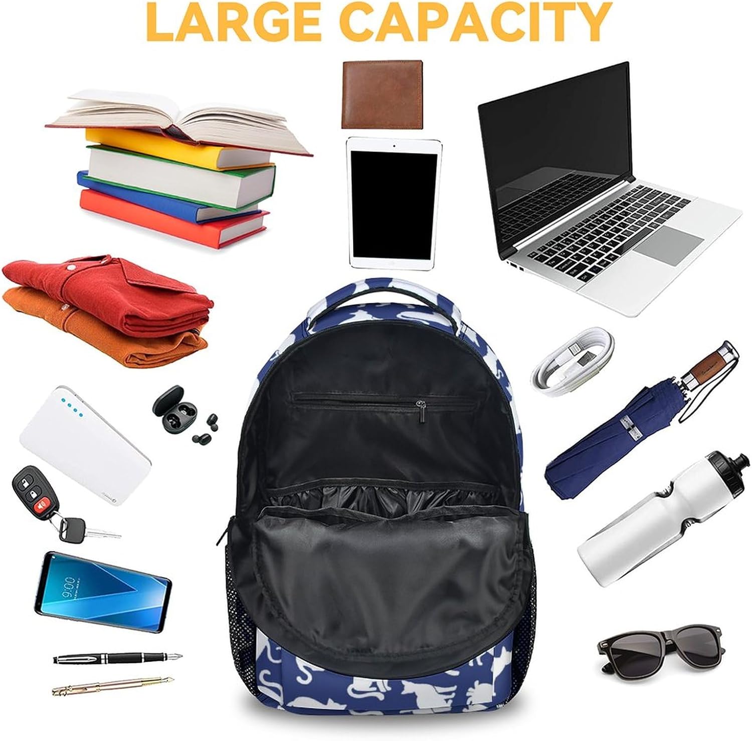 Cat Backpack for Cat Lovers - 16 Inches Aesthetic Backpacks for Kids - Dark Blue Portable Bookbag for Primary School