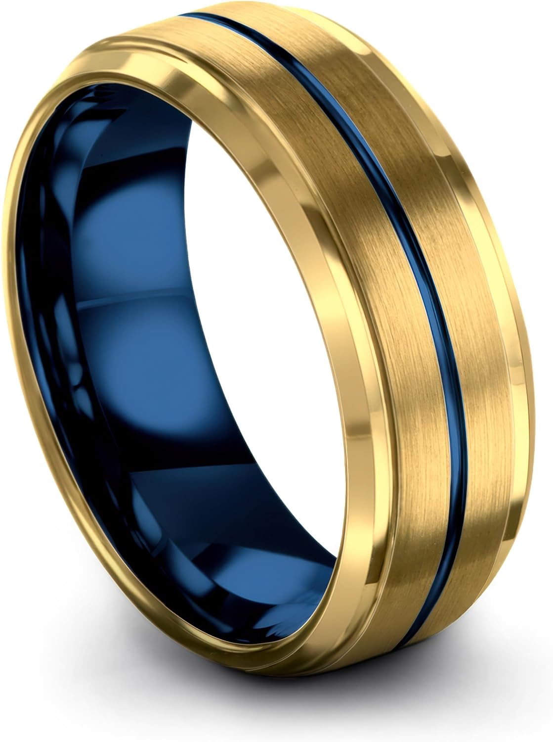 Tungsten Carbide Wedding Band Ring 8mm for Men Women Blue Black 18K Yellow Gold Grey Center Line Step Bevel Edge Brushed Polished Personalized Custom Engraving Anniversary Engagement
