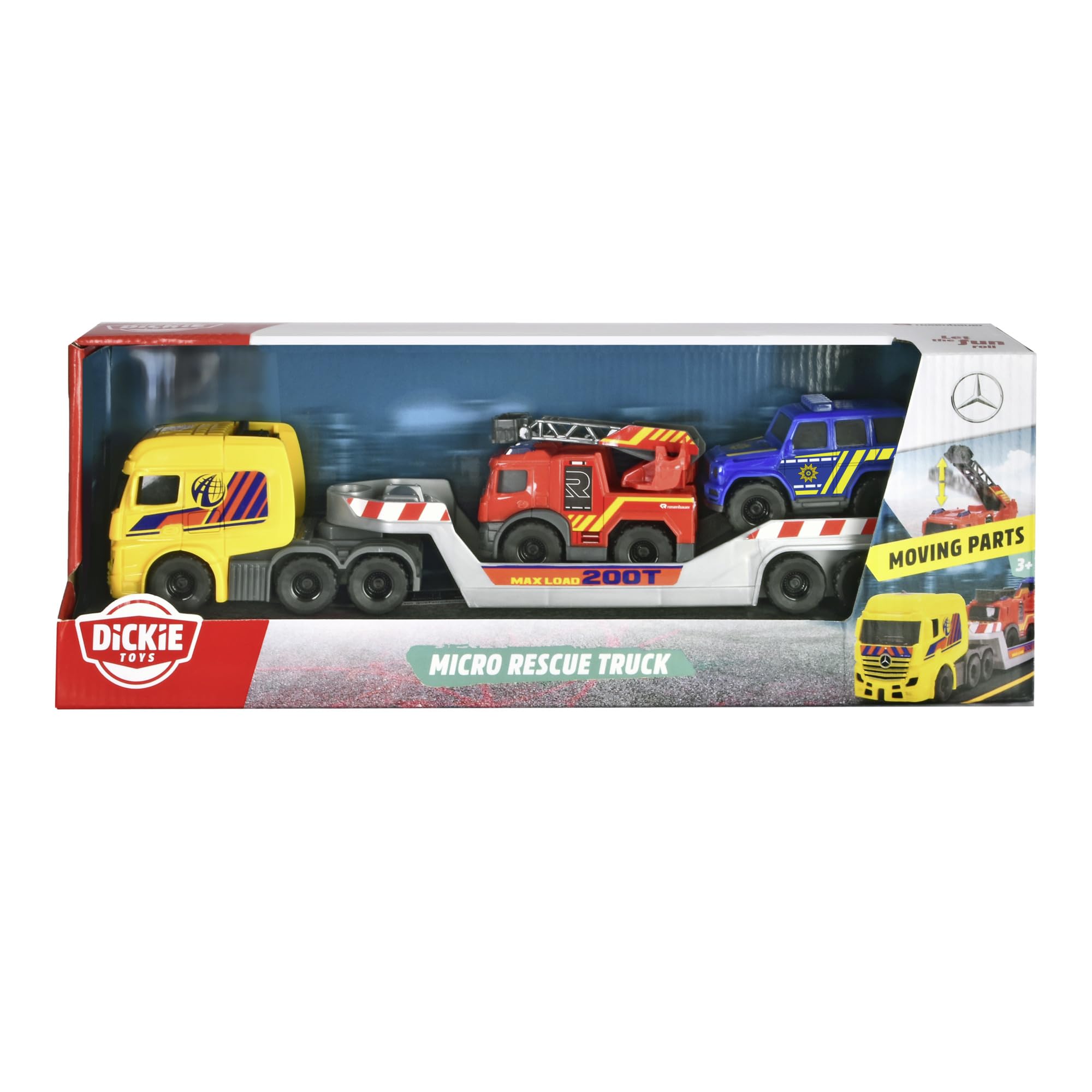 Dickie Toys 203715020 SOS Mini Laweta i 2 pojazdy na licencji Mercedes-Benz policja i straż pożarna, długość lawety 32 cm, pojazdów 9 cm, odczepiana przyczepa.