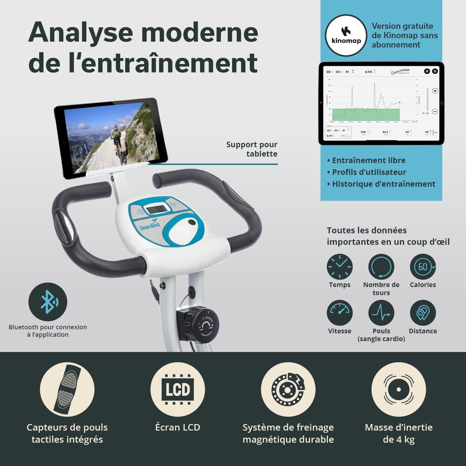Skandika Vélo d’Appartement Pliable Foldaway X-1000 PLUS, 8 Niveaux de Résistance Magnétique, Velo D Appartement, Bluetooth, Kinomap, Écran LCD Rangement Facile, Support Tablette, Max 130KG