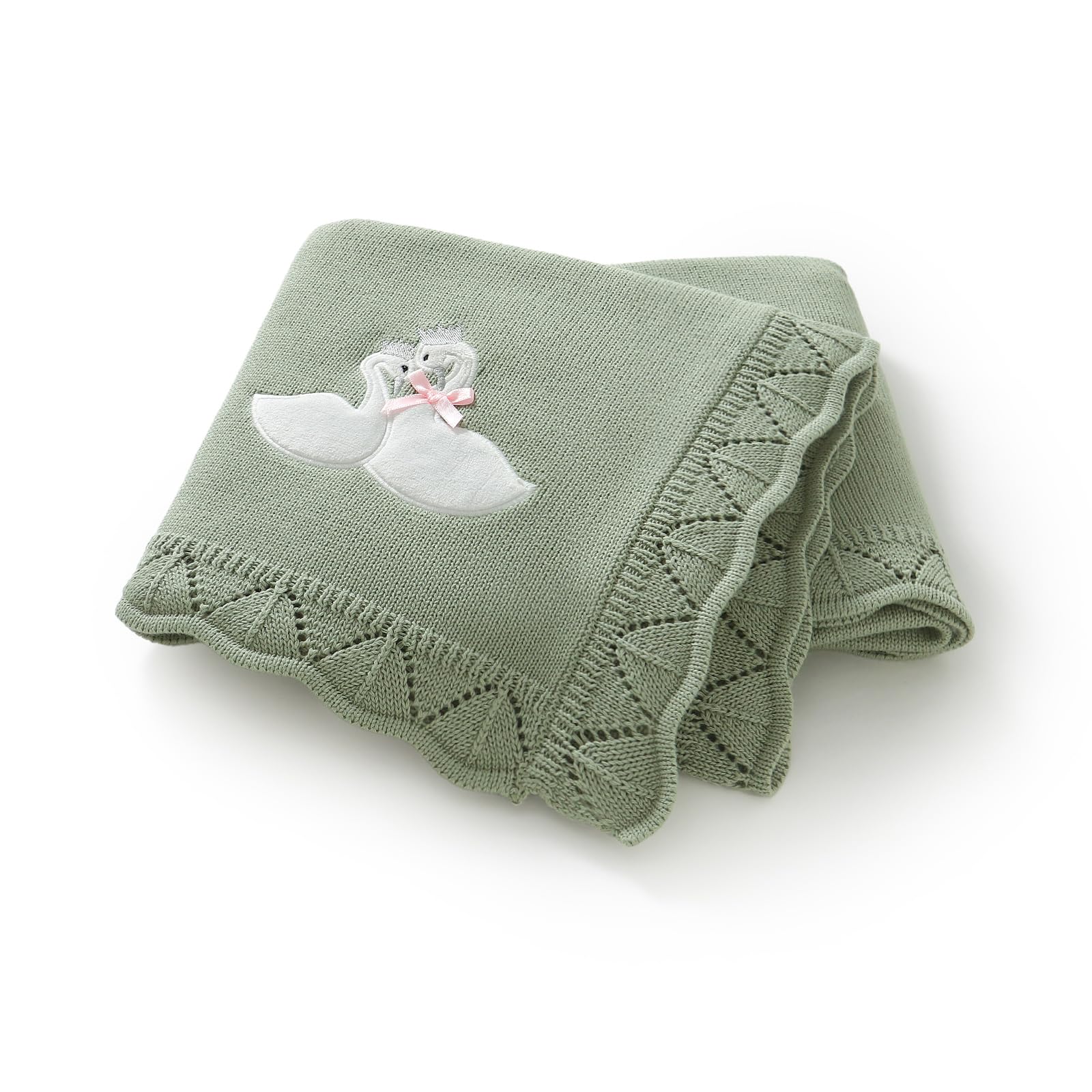 LAWKUL Baby Blanket, Organic Cotton Knitted, Swan Pattern, 100x80 cm, Swaddling Receiving Blanket for Newborn Boys and Girls (Light Green)