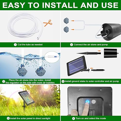 Miniatura 6 de Aireador solar de estanque con bomba de aire, 3 modos (18H/36H/72H) Aireador solar para estanques al aire libre, bomba de aire solar de 4 W y 2200