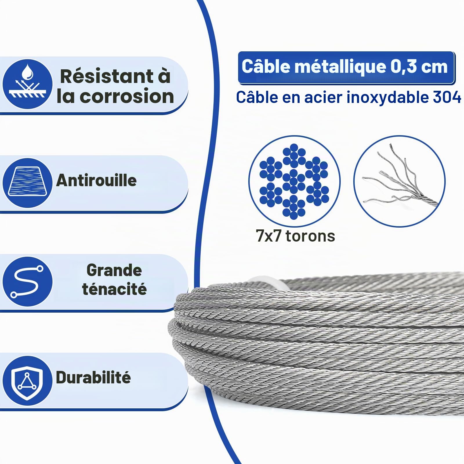 TooTaci Corde en Acier Inoxydable à Suspendre Kit,30M/3mm Câble en Acier Inoxydable avec Tendeurs,Kit de M6 Tendeurs Cable Inox 3mm pour Plantes Grimpante,Corde a linge,Rambarde,Lights Suspension