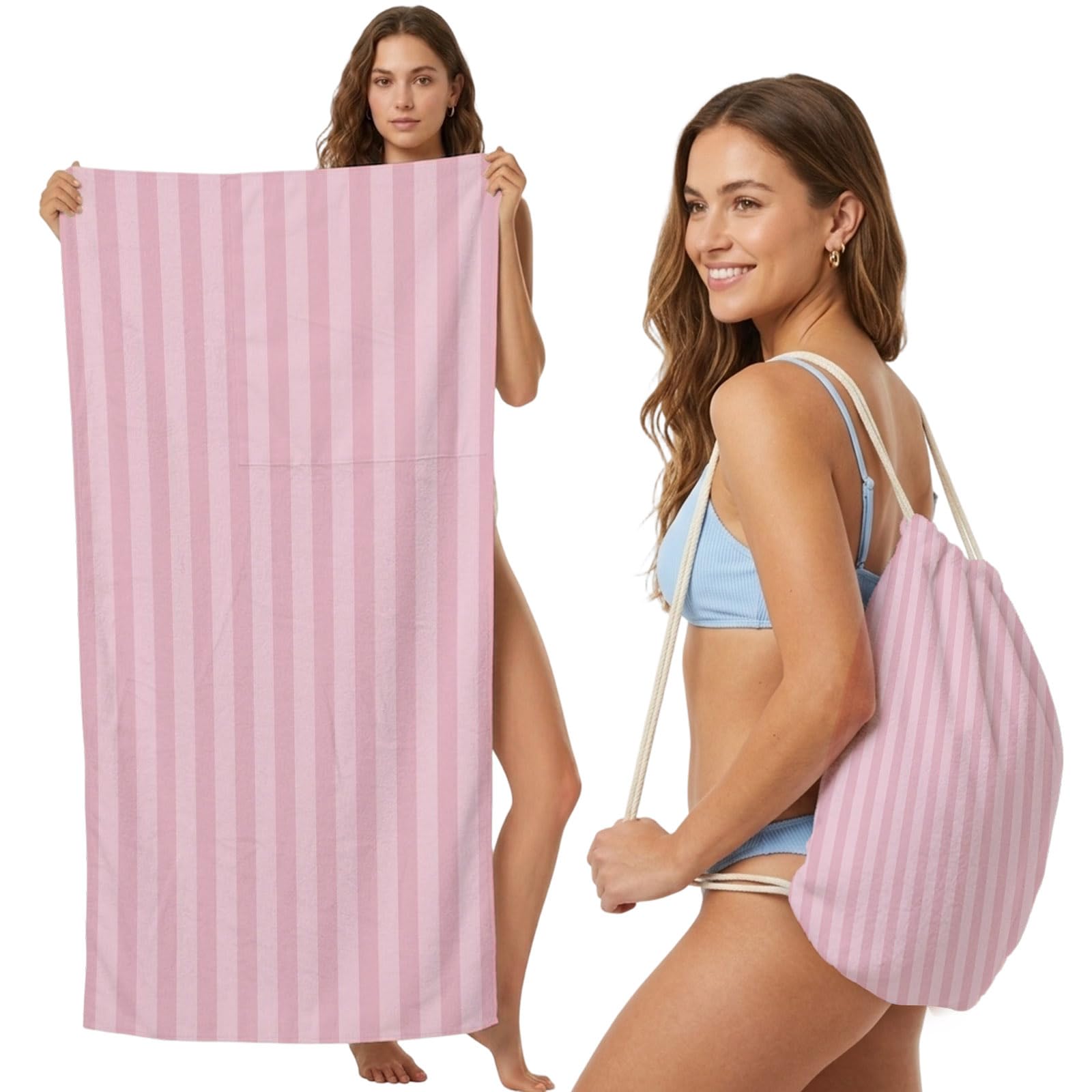 Beach Towel Bag 2 in 1 Pink Vertical Stripes Bath Pool Towels Backpack Parallel Lines Striped Absorbent Beach Towel Soft Quick Dry Lightweight Packable Towels Drawstring Bag for Travel Sports Yoga