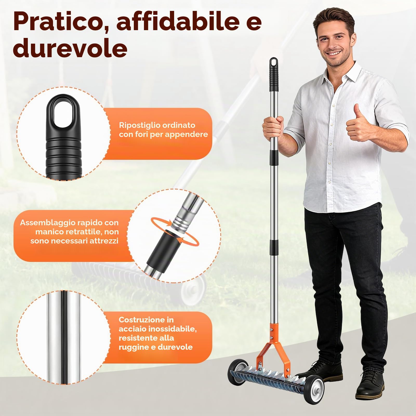 Scarificatore a mano con ruote, 166 cm, scarificatore manuale con manico regolabile, larghezza di lavoro 32 cm, 21 coltelli per scarificare, per giardino, cortile, prato, arancione