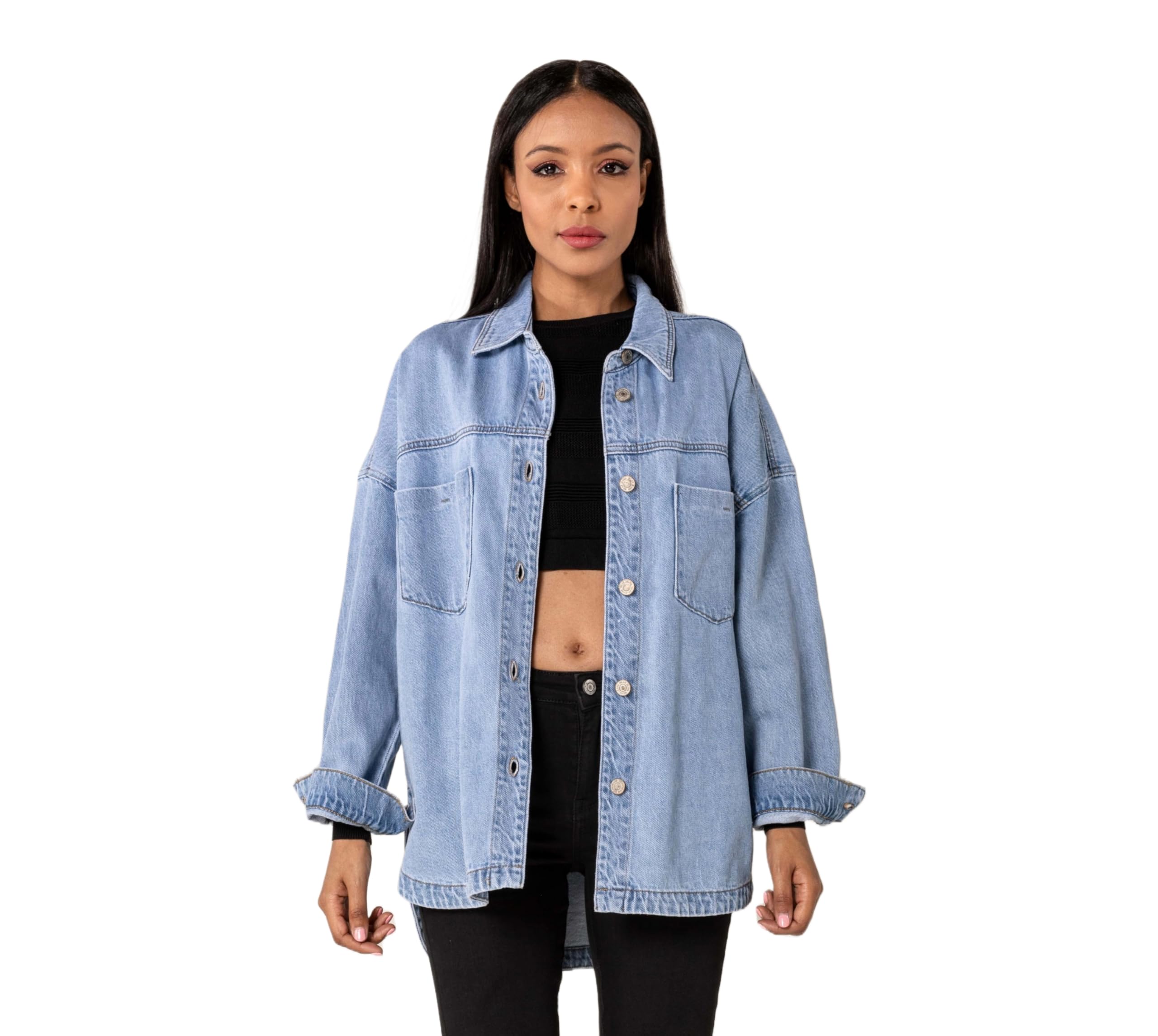 Nina Carter S539 Camisa vaquera de gran tamaño para mujer, chaqueta vaquera ligera, chaqueta de entretiempo, chaqueta de camisa con efecto de lavado, aspecto desgastado, informal
