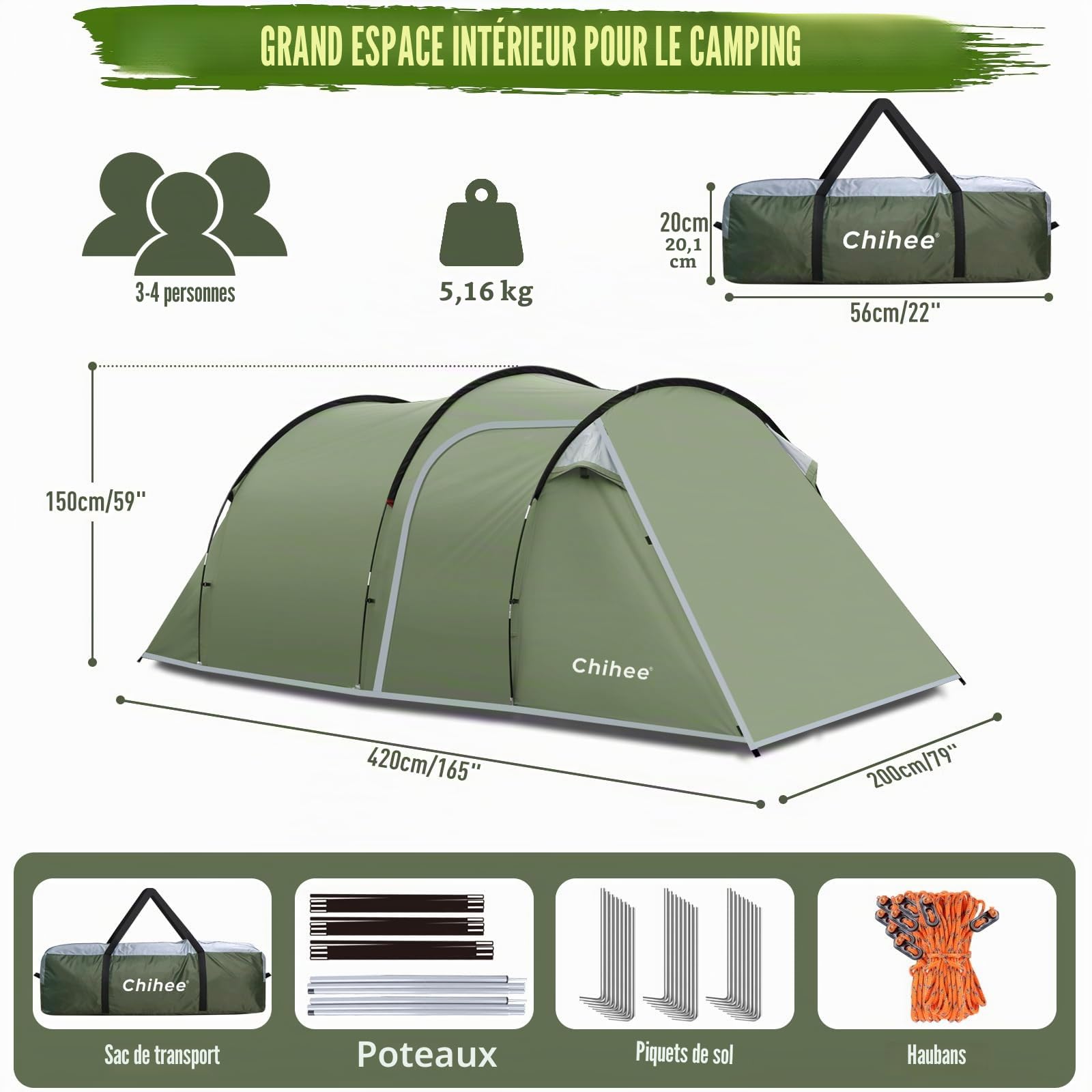 Chihee Tente Tunnel de Camping pour 4 Personnes avec 2 Portes - Résistante aux intempéries - Tente 4 Saisons - avec Porche blindée - Sac de Transport Rainfly pour Les Voyages en Plein air et la