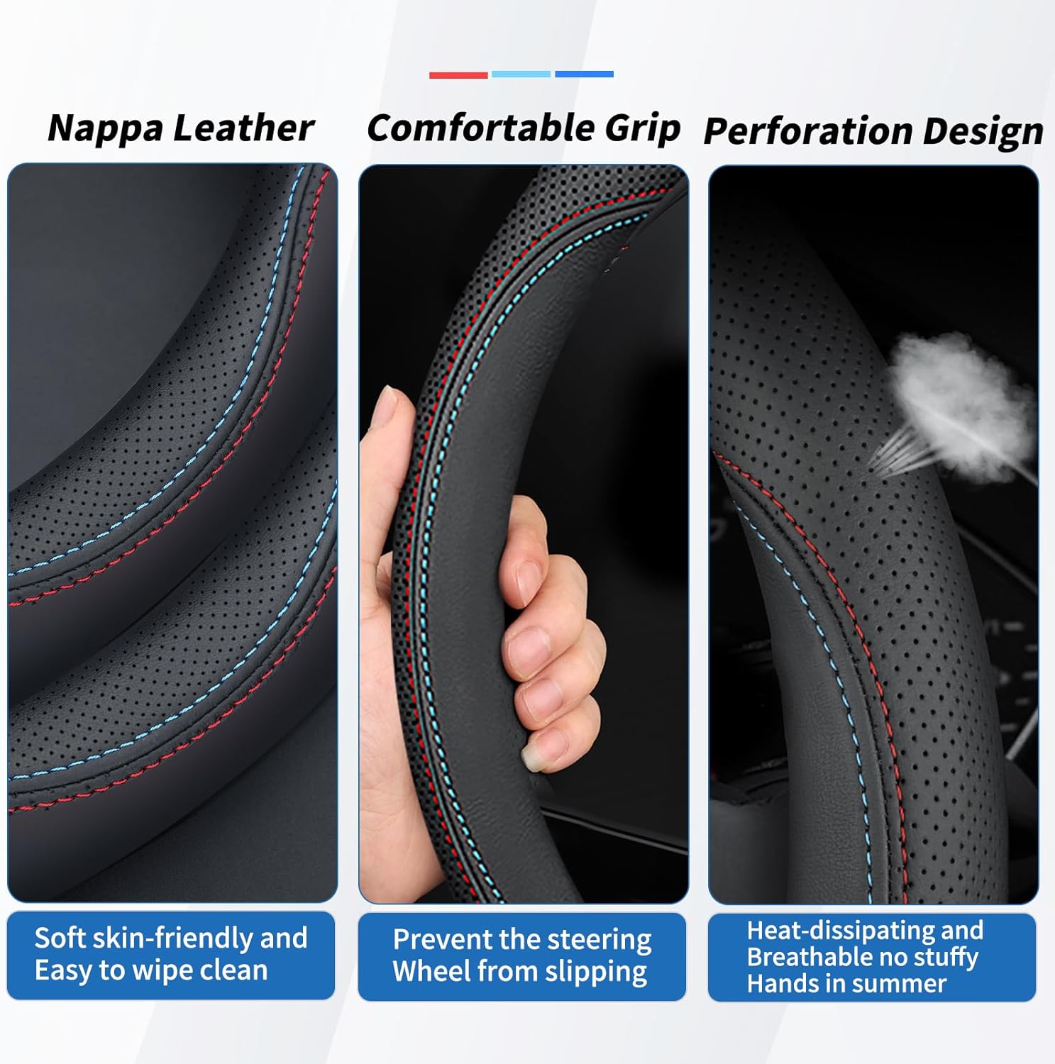 3 Pack D Shaped Nappa Leather Car Steering Wheel Cover for Volkswagen VW Tiguan Atlas ID.4 Jetta Taos SE SEL R-line S Cross Sport Accessories, Non-Slip & Breathable, Black 14.5-15 Inch