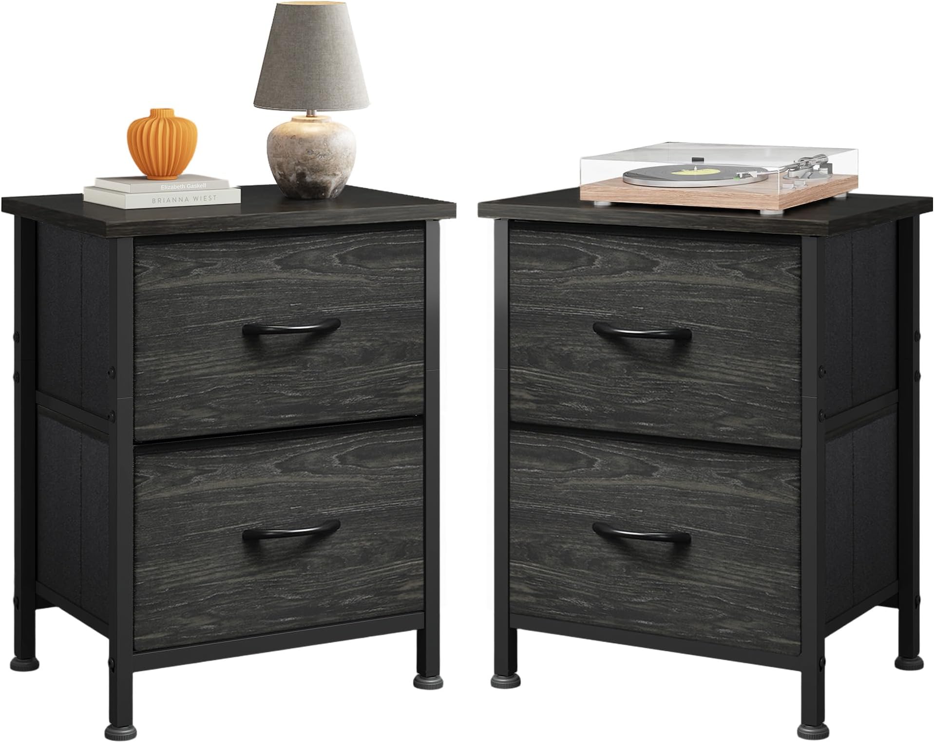 WLIVE Night Stand Set 2, Nightstand with 2 Fabric Drawers, Small Dresser for Bedroom, Bedside Table for Small Spaces, Dorm, Charcoal Black Wood Grain Print