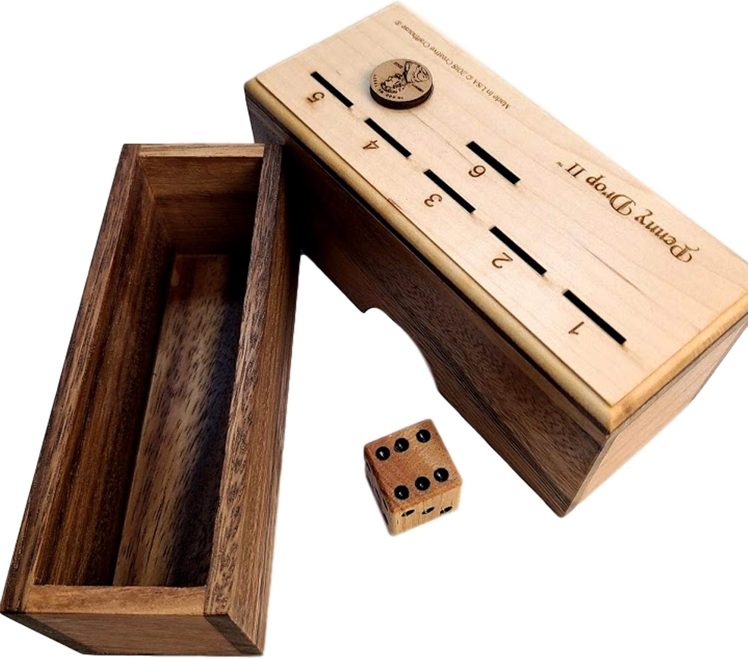 Penny Drop II Wooden Dice Game – Handmade Family Game with Maple Wood Lid