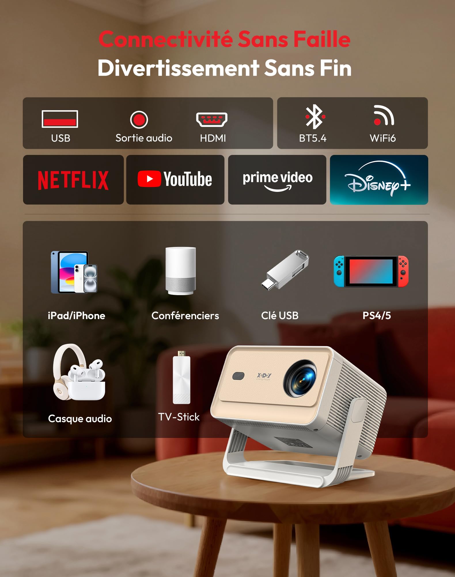 Xgody N6 Pro Vidéoprojecteur Compatible avec Netflix – 1080P Natif (Compatible 4K), 700 ANSI, Autofocus, Correction Trapézoïdale Auto, Commande Vocale, WiFi 6, Bluetooth, Cinéma Extérieur, Home Cinéma