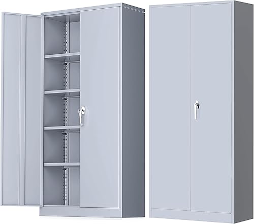 Greenvelly Armario de almacenamiento de metal para garaje, gabinete de acero con cierre de 72 pulgadas de alto con 2 puertas y 4 estantes