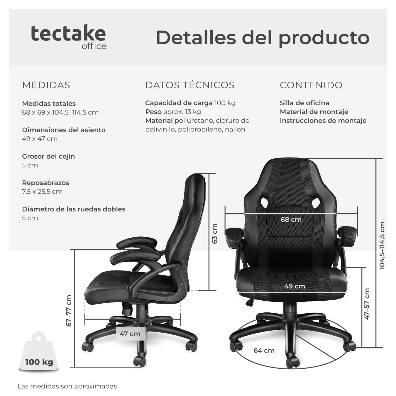 tectake® Silla Gaming, Silla Oficina Ergonómica, Reposabrazos, Ajustable Altura, Silla Estudio, Gaming Chair, Asiento Gamer, Sillón Gaming, Ergonómico, Mecanismo Basculante, Giro 360 - Negro/Negro
