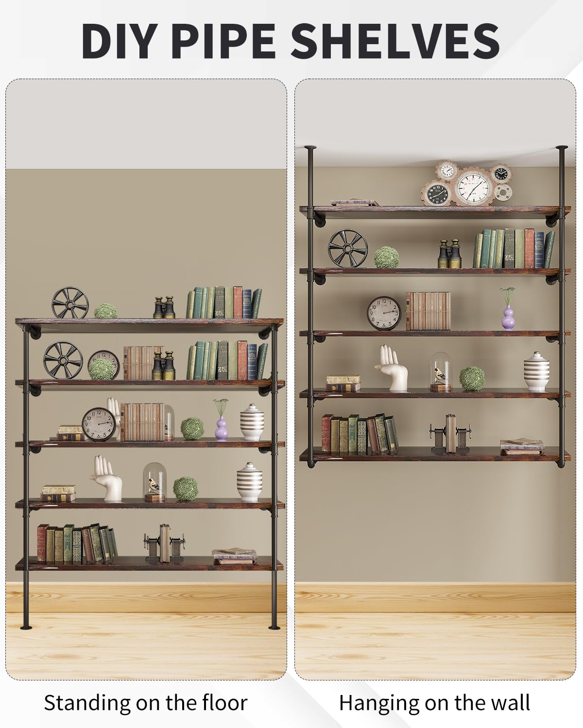 HITOMEN Lot De 2 étagères Industrielles En Tuyau De Fer, 5 Niveaux, 179,1 Cm De Haut, 30,5 Cm De Profondeur, Bibliothèque Ouverte à Monter Soi-même, étagère Murale Vintage Rétro, Rustique Ferme