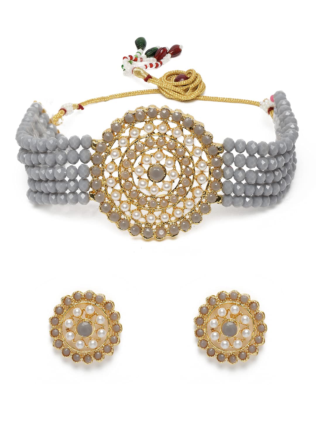 I Jewels 18K Gold Plated Traditional Light Weight Crystal Beaded Choker Necklace Jewellery Set Glided With Moti Work (ML239-1)